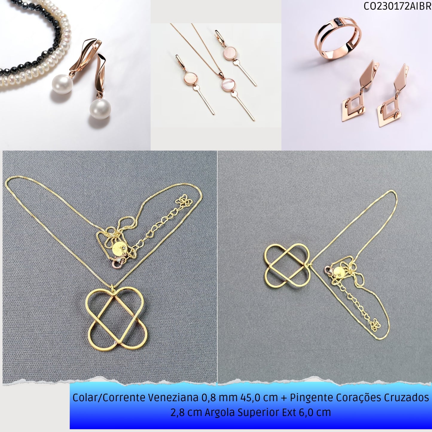 Colar/Corrente Veneziana 0.8 mm 45.0 cm + Pingente Corações Cruzados 2.8 cm Argola Superior Ext 6.0 cm   - Código.: CO230172AIBR  - Peso.: 5.2 gr