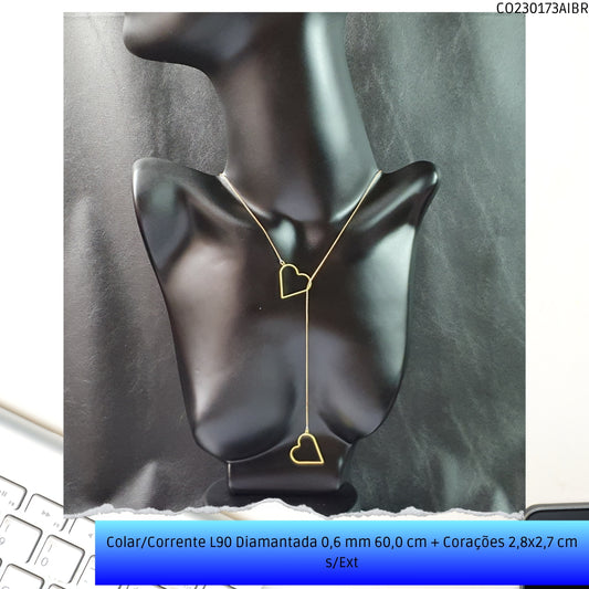 Colar/Corrente L90 Diamantada 0.6 mm 60.0 cm + Corações 2.8x2.7 cm s/Ext  - Código.: CO230173AIBR  - Peso.: 4.8 gr