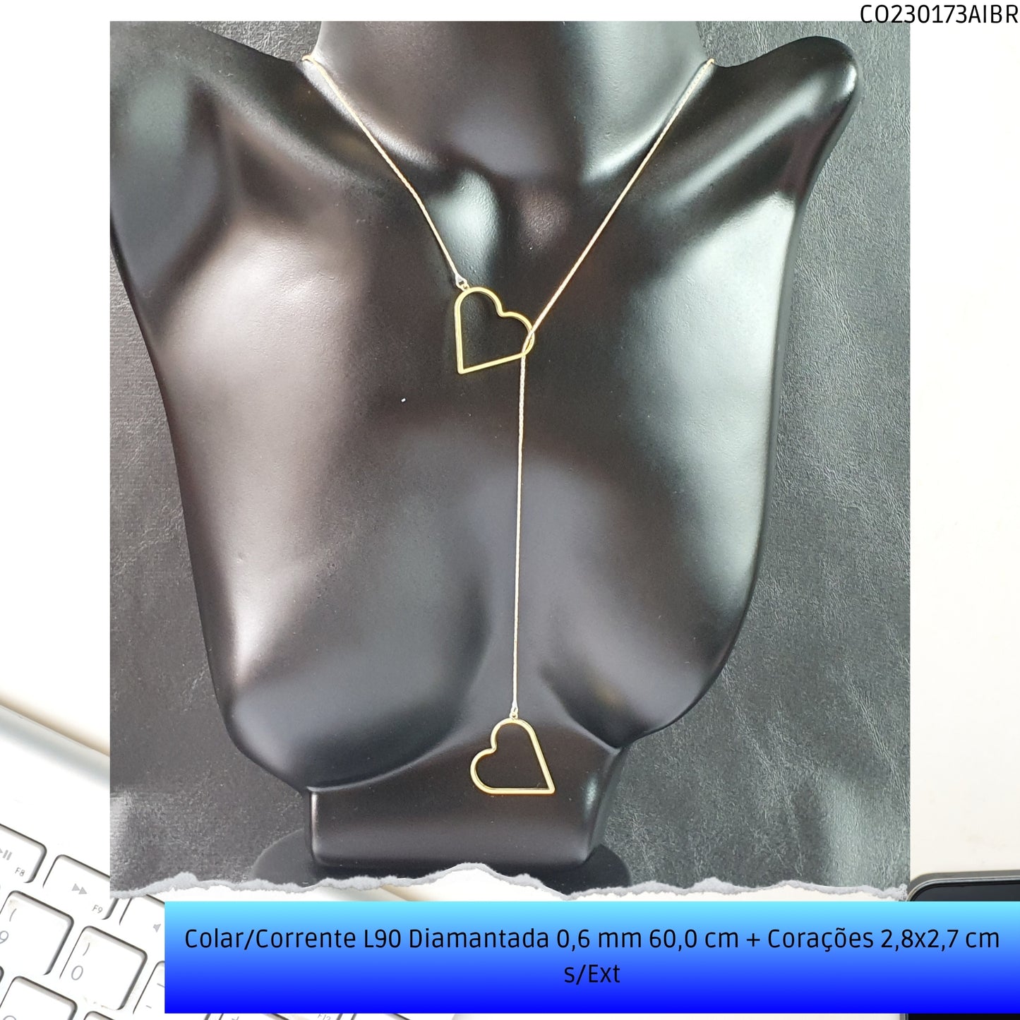 Colar/Corrente L90 Diamantada 0.6 mm 60.0 cm + Corações 2.8x2.7 cm s/Ext  - Código.: CO230173AIBR  - Peso.: 4.8 gr