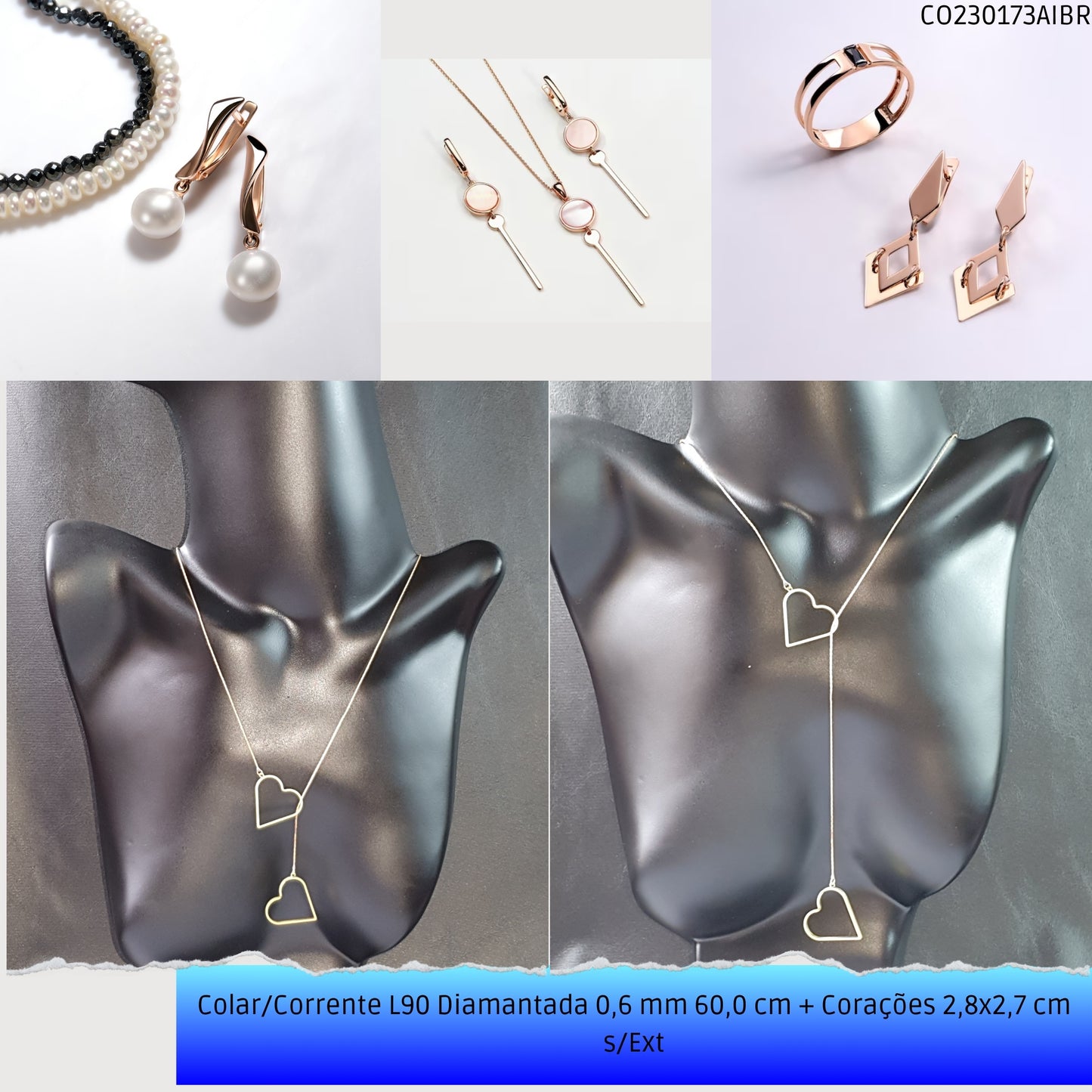 Colar/Corrente L90 Diamantada 0.6 mm 60.0 cm + Corações 2.8x2.7 cm s/Ext  - Código.: CO230173AIBR  - Peso.: 4.8 gr