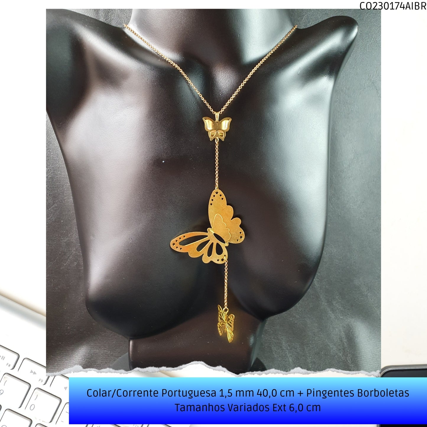 Colar/Corrente Portuguesa 1.5 mm 40.0 cm + Pingentes Borboletas Tamanhos Variados Ext 6.0 cm   - Código.: CO230174AIBR  - Peso.: 9.5 gr