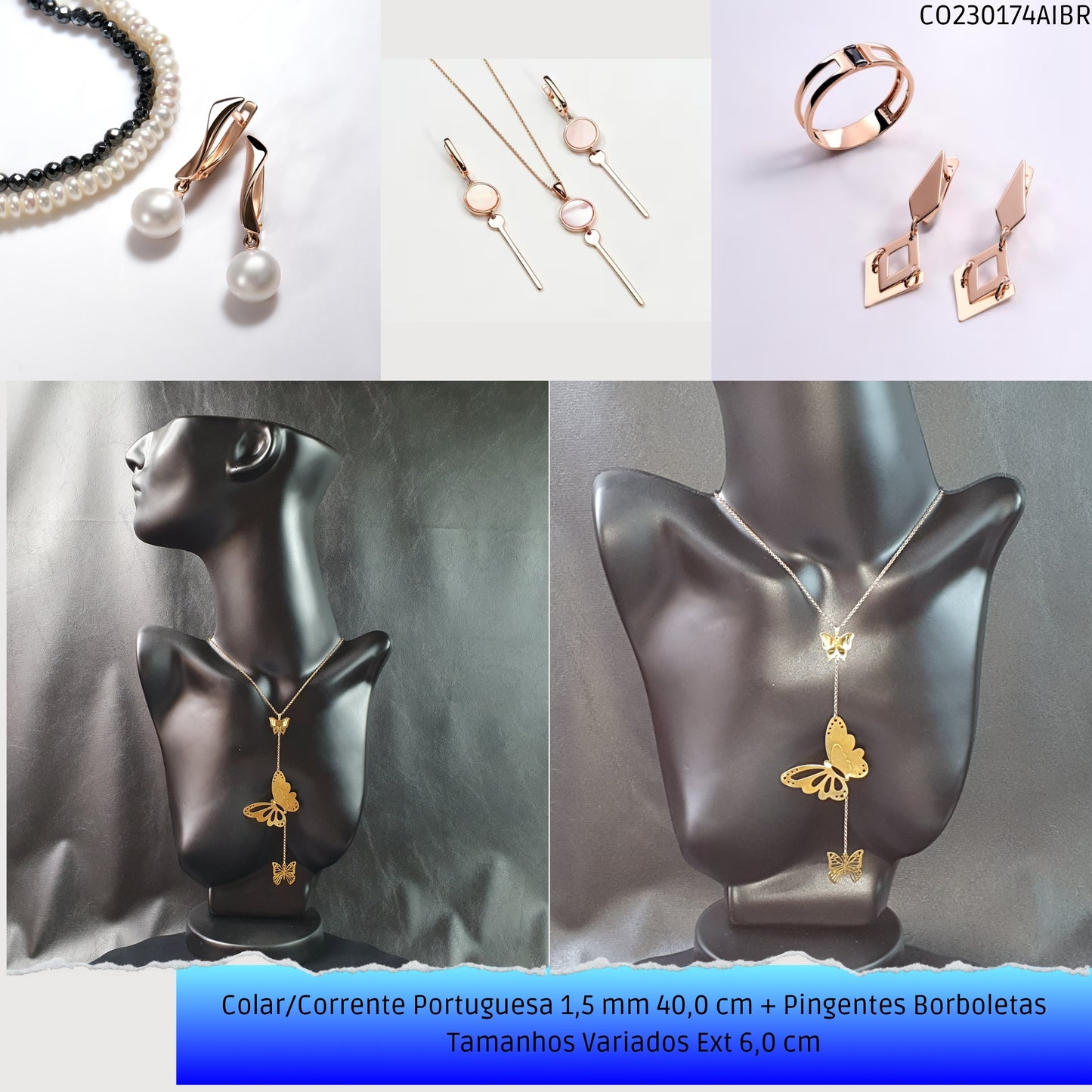 Colar/Corrente Portuguesa 1.5 mm 40.0 cm + Pingentes Borboletas Tamanhos Variados Ext 6.0 cm   - Código.: CO230174AIBR  - Peso.: 9.5 gr