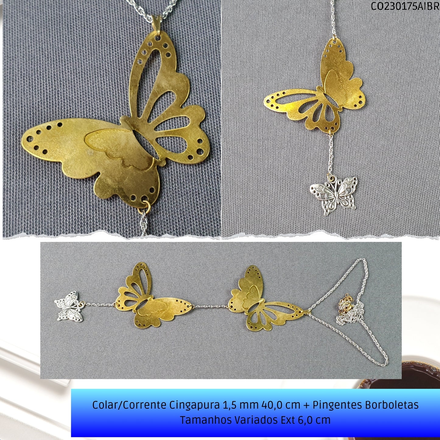 Colar/Corrente Singapura 1.5 mm 40.0 cm + Pingentes Borboletas Tamanhos Variados Ext 6.0 cm   - Código.: CO230175AIBR  - Peso.: 14.9 gr