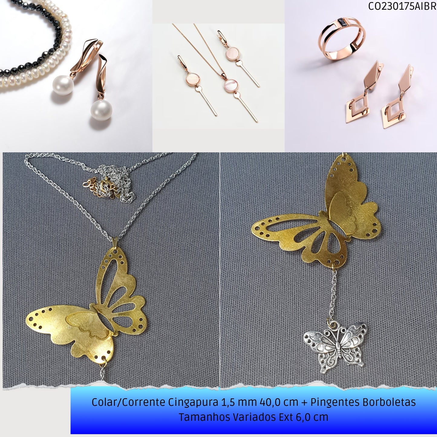 Colar/Corrente Singapura 1.5 mm 40.0 cm + Pingentes Borboletas Tamanhos Variados Ext 6.0 cm   - Código.: CO230175AIBR  - Peso.: 14.9 gr