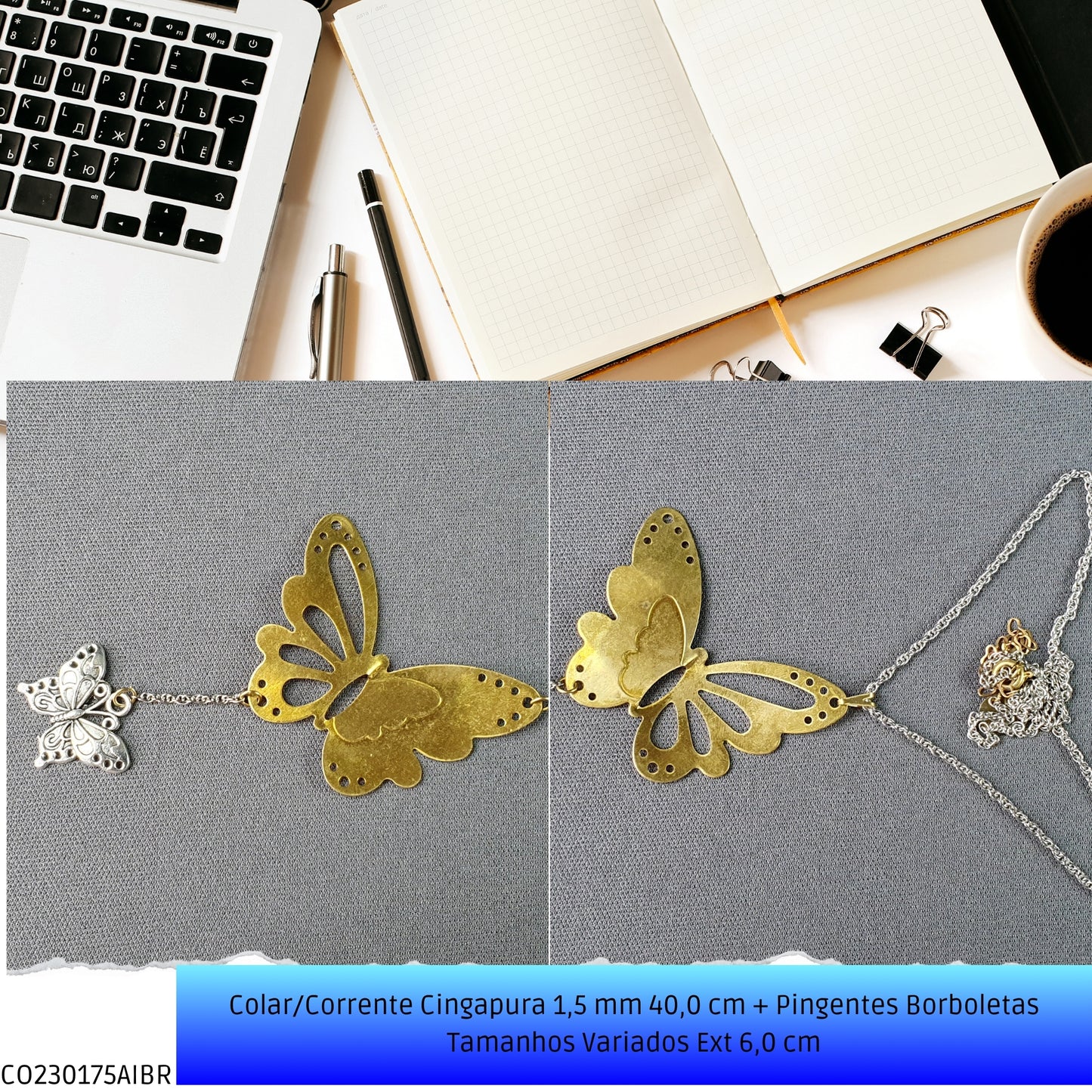 Colar/Corrente Singapura 1.5 mm 40.0 cm + Pingentes Borboletas Tamanhos Variados Ext 6.0 cm   - Código.: CO230175AIBR  - Peso.: 14.9 gr