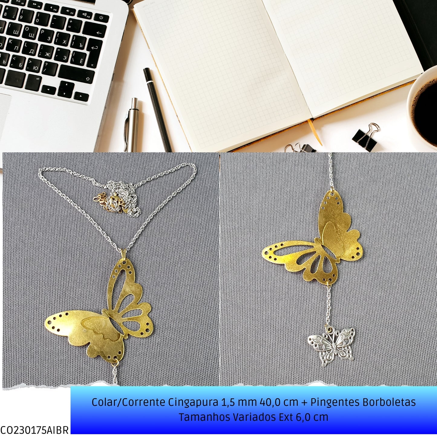 Colar/Corrente Singapura 1.5 mm 40.0 cm + Pingentes Borboletas Tamanhos Variados Ext 6.0 cm   - Código.: CO230175AIBR  - Peso.: 14.9 gr
