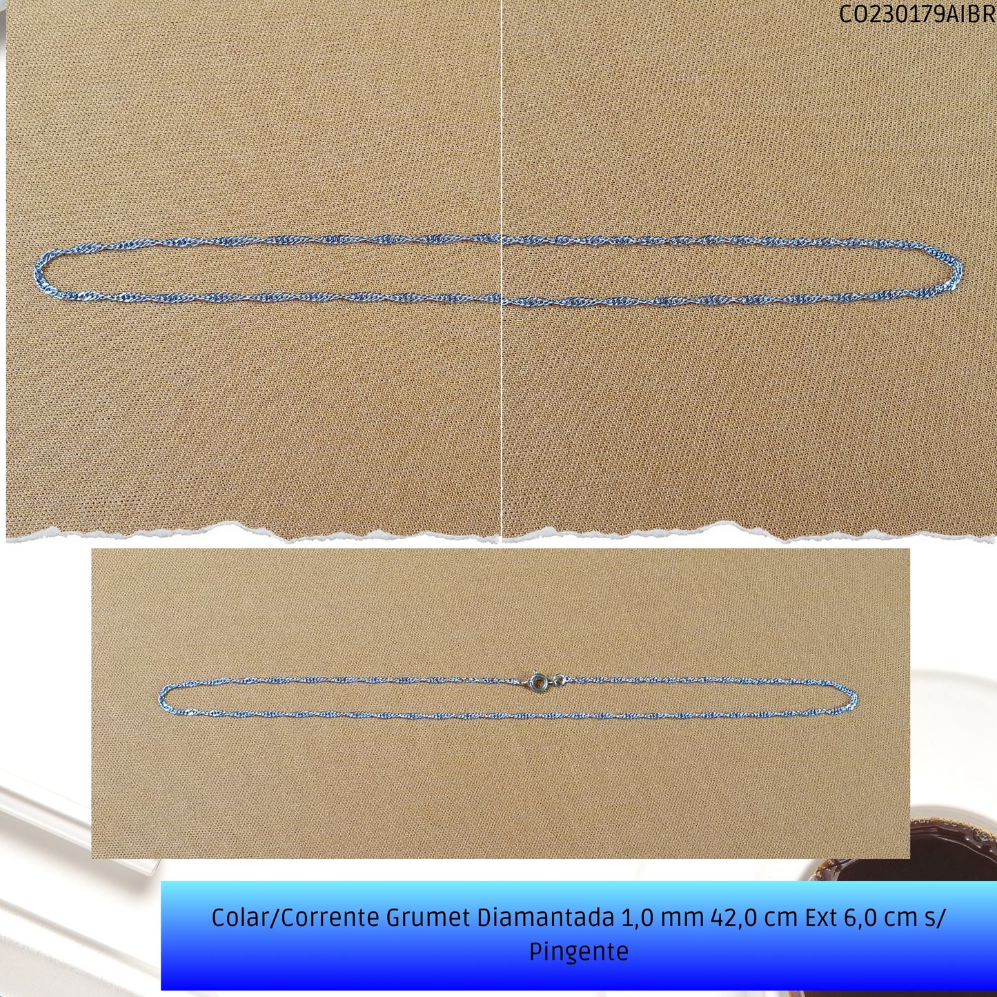 Colar/Corrente Grumet Diamantada 1.0 mm 42.0 cm Ext 6.0 cm s/ Pingente  - Código.: CO230179AIBR  - Peso.: 1.7 gr