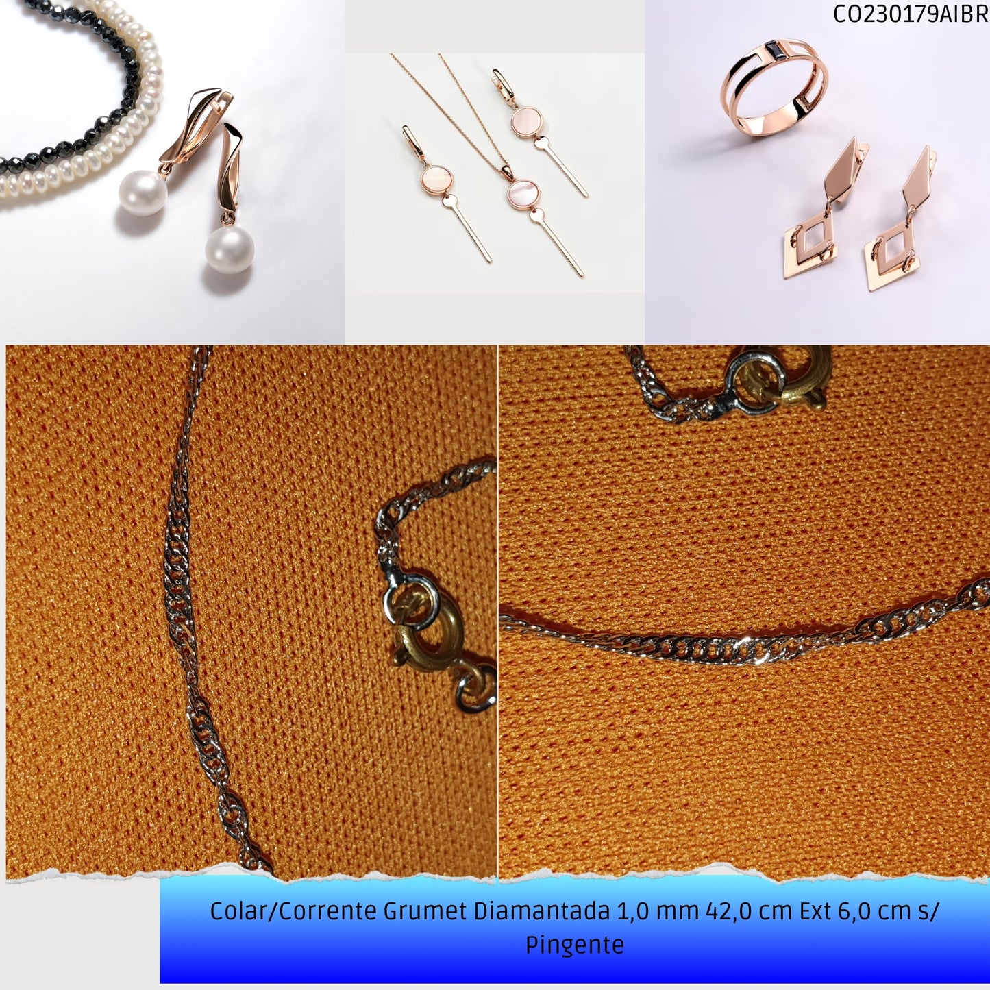 Colar/Corrente Grumet Diamantada 1.0 mm 42.0 cm Ext 6.0 cm s/ Pingente  - Código.: CO230179AIBR  - Peso.: 1.7 gr