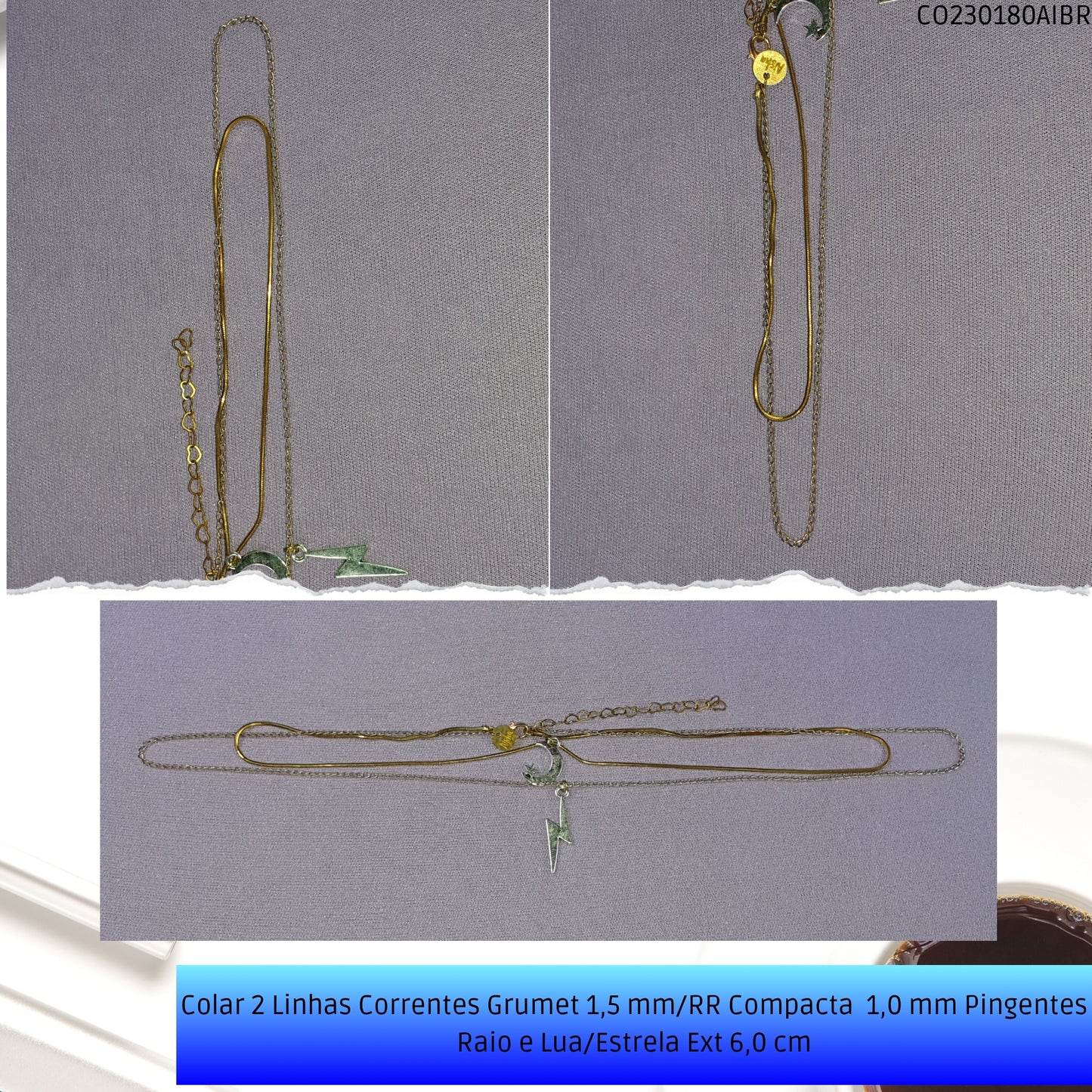 Colar 2 Linhas Correntes Grumet 1.5 mm/RR Compacta  1.0 mm Pingentes Raio e Lua/Estrela Ext 6.0 cm   - Código.: CO230180AIBR  - Peso.: 6.9 gr