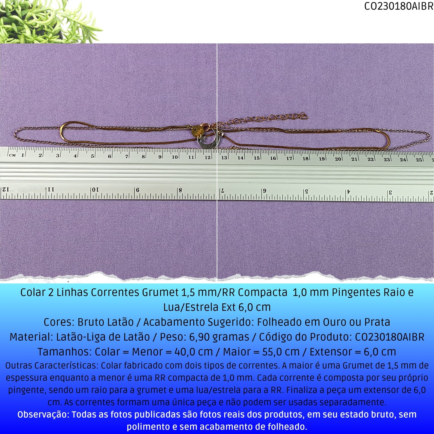 Colar 2 Linhas Correntes Grumet 1.5 mm/RR Compacta  1.0 mm Pingentes Raio e Lua/Estrela Ext 6.0 cm   - Código.: CO230180AIBR  - Peso.: 6.9 gr