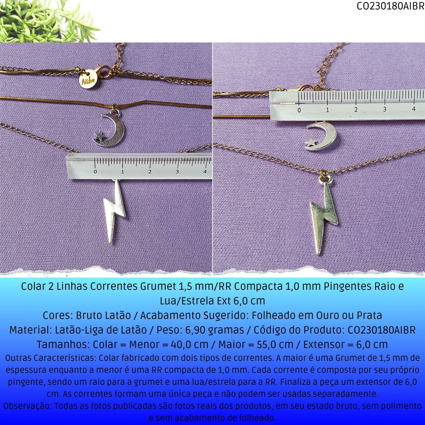 Colar 2 Linhas Correntes Grumet 1.5 mm/RR Compacta  1.0 mm Pingentes Raio e Lua/Estrela Ext 6.0 cm   - Código.: CO230180AIBR  - Peso.: 6.9 gr