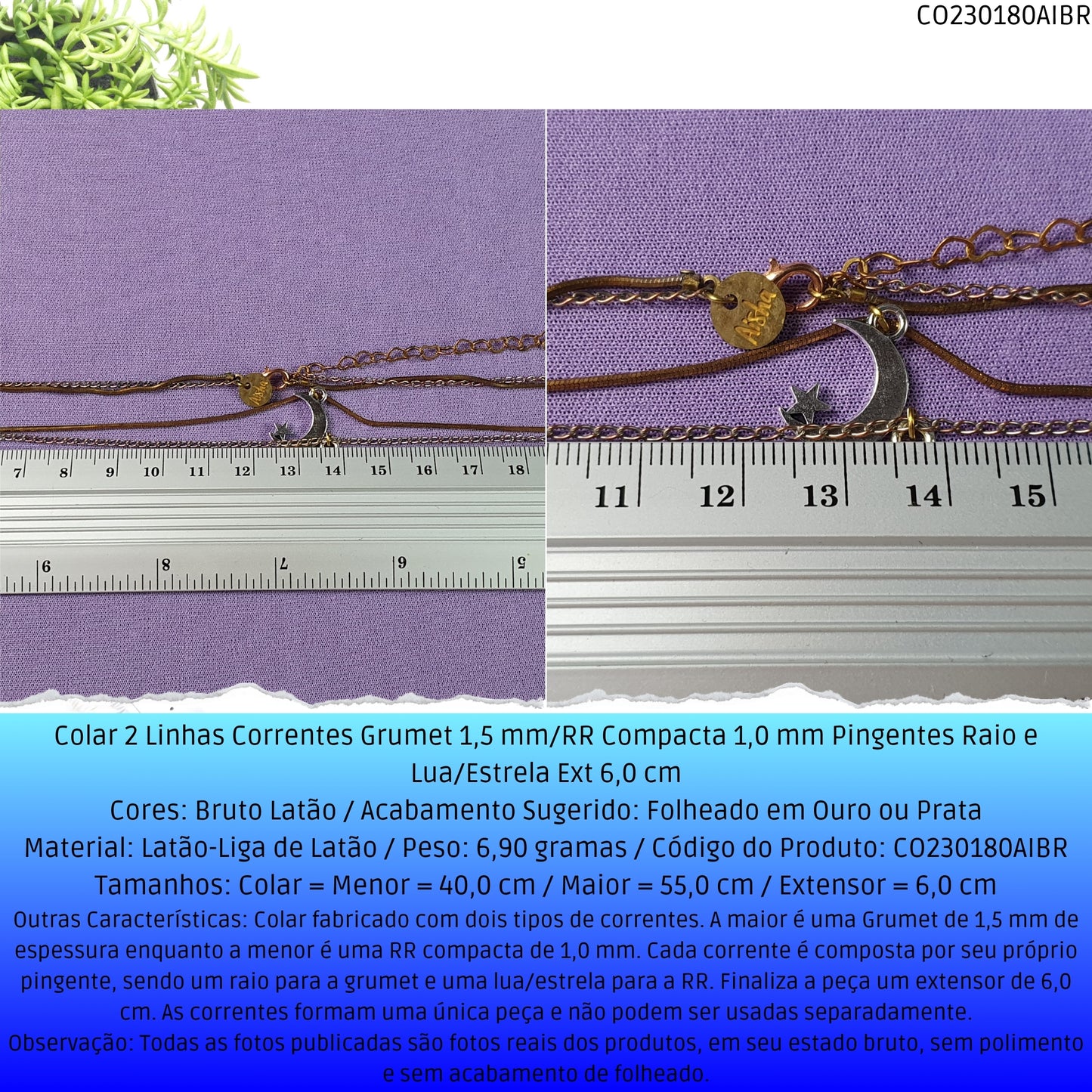 Colar 2 Linhas Correntes Grumet 1.5 mm/RR Compacta  1.0 mm Pingentes Raio e Lua/Estrela Ext 6.0 cm   - Código.: CO230180AIBR  - Peso.: 6.9 gr