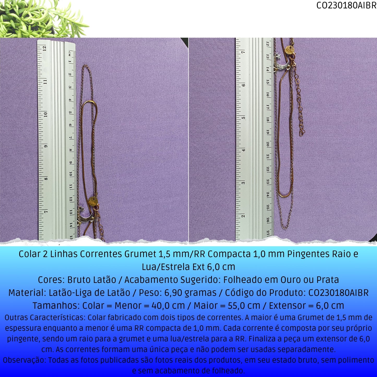 Colar 2 Linhas Correntes Grumet 1.5 mm/RR Compacta  1.0 mm Pingentes Raio e Lua/Estrela Ext 6.0 cm   - Código.: CO230180AIBR  - Peso.: 6.9 gr