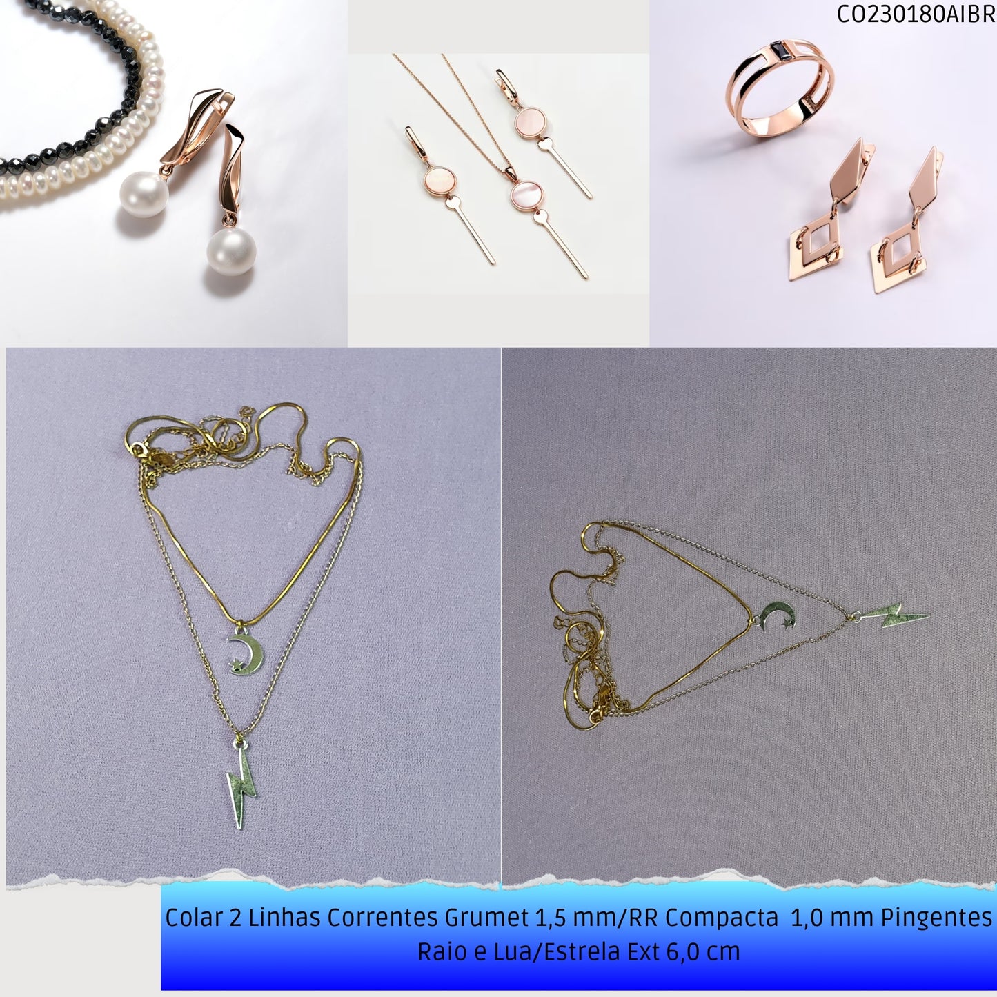 Colar 2 Linhas Correntes Grumet 1.5 mm/RR Compacta  1.0 mm Pingentes Raio e Lua/Estrela Ext 6.0 cm   - Código.: CO230180AIBR  - Peso.: 6.9 gr
