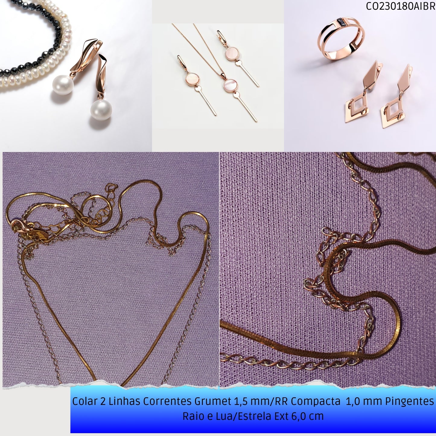 Colar 2 Linhas Correntes Grumet 1.5 mm/RR Compacta  1.0 mm Pingentes Raio e Lua/Estrela Ext 6.0 cm   - Código.: CO230180AIBR  - Peso.: 6.9 gr