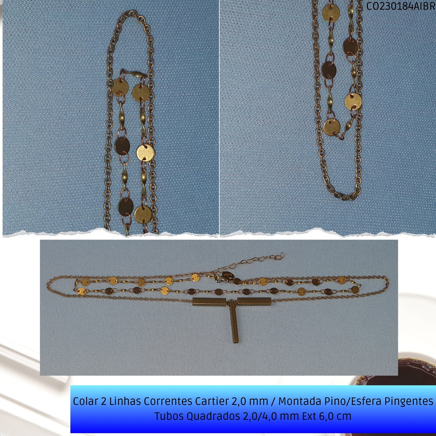 Colar 2 Linhas Correntes Cartier 2.0 mm / Montada Pino/Esfera Pingentes Tubos Quadrados 2.0/4.0 mm Ext 6.0 cm   - Código.: CO230184AIBR  - Peso.: 7.7 gr