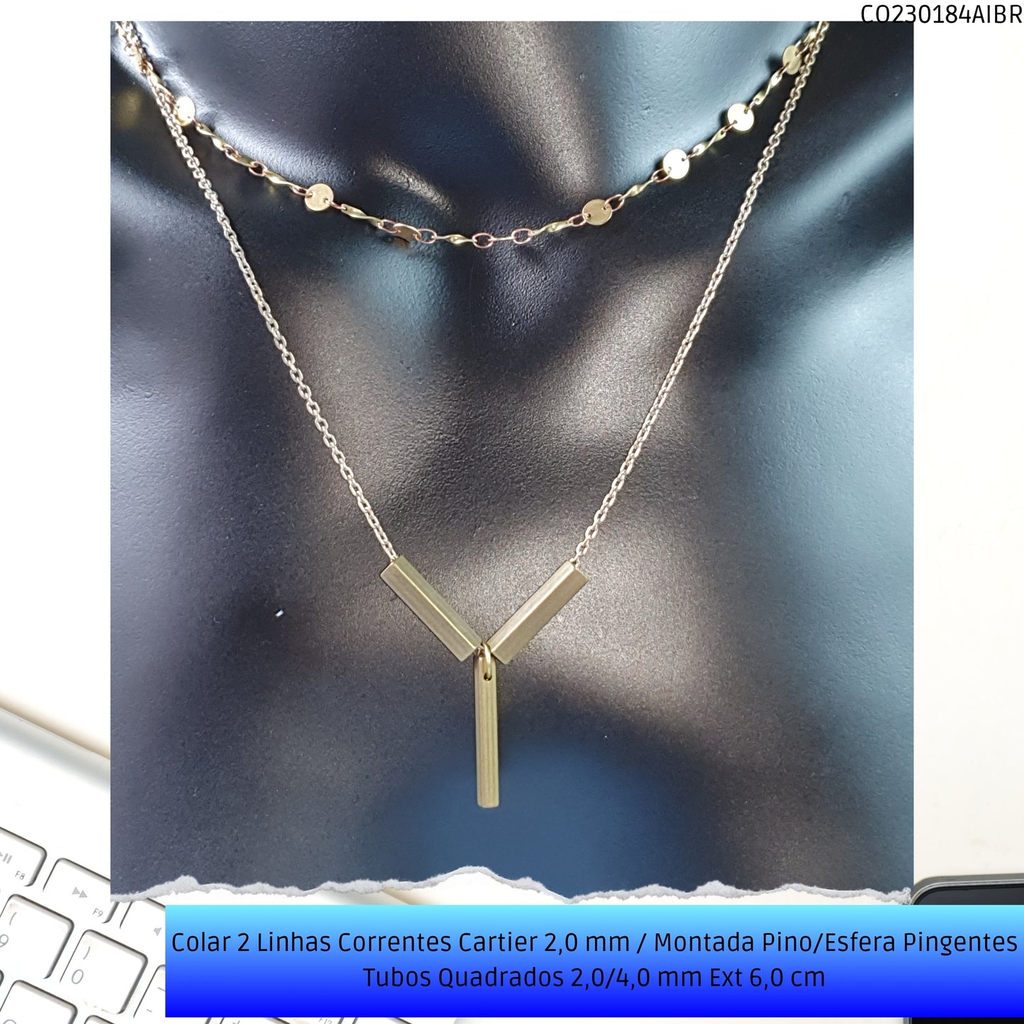 Colar 2 Linhas Correntes Cartier 2.0 mm / Montada Pino/Esfera Pingentes Tubos Quadrados 2.0/4.0 mm Ext 6.0 cm   - Código.: CO230184AIBR  - Peso.: 7.7 gr