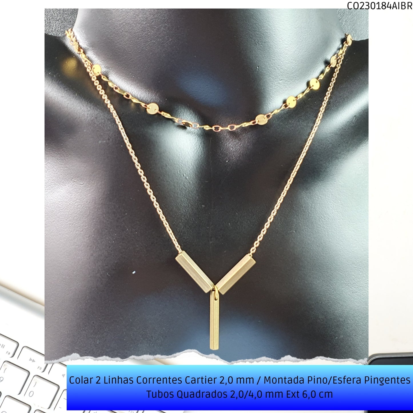 Colar 2 Linhas Correntes Cartier 2.0 mm / Montada Pino/Esfera Pingentes Tubos Quadrados 2.0/4.0 mm Ext 6.0 cm   - Código.: CO230184AIBR  - Peso.: 7.7 gr