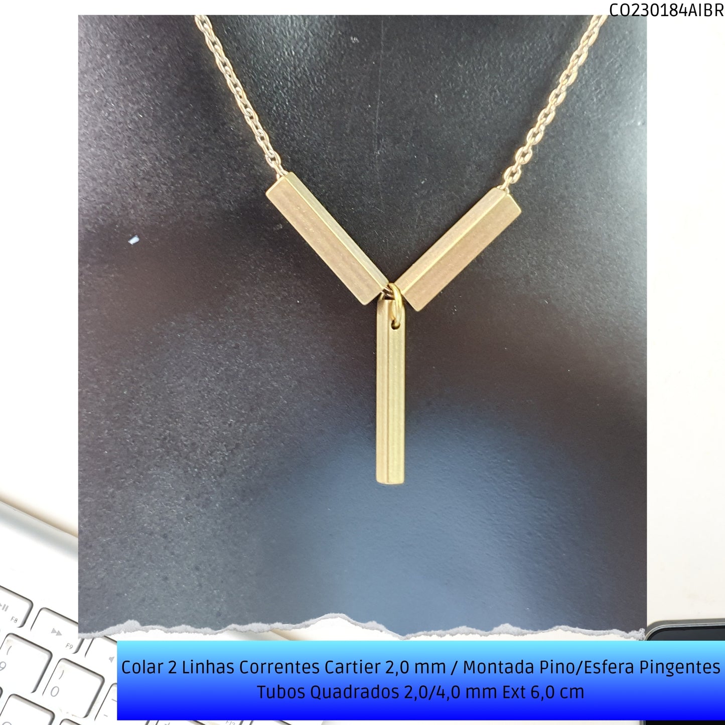 Colar 2 Linhas Correntes Cartier 2.0 mm / Montada Pino/Esfera Pingentes Tubos Quadrados 2.0/4.0 mm Ext 6.0 cm   - Código.: CO230184AIBR  - Peso.: 7.7 gr