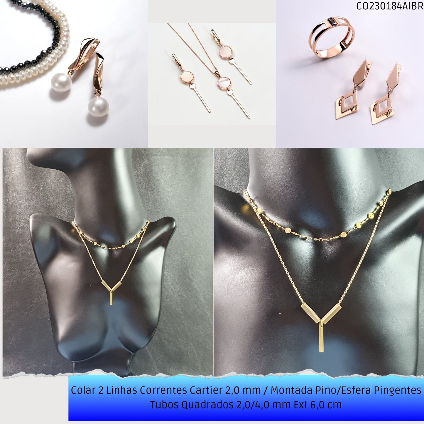 Colar 2 Linhas Correntes Cartier 2.0 mm / Montada Pino/Esfera Pingentes Tubos Quadrados 2.0/4.0 mm Ext 6.0 cm   - Código.: CO230184AIBR  - Peso.: 7.7 gr
