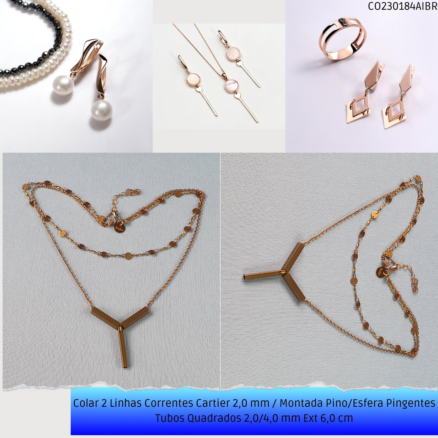 Colar 2 Linhas Correntes Cartier 2.0 mm / Montada Pino/Esfera Pingentes Tubos Quadrados 2.0/4.0 mm Ext 6.0 cm   - Código.: CO230184AIBR  - Peso.: 7.7 gr