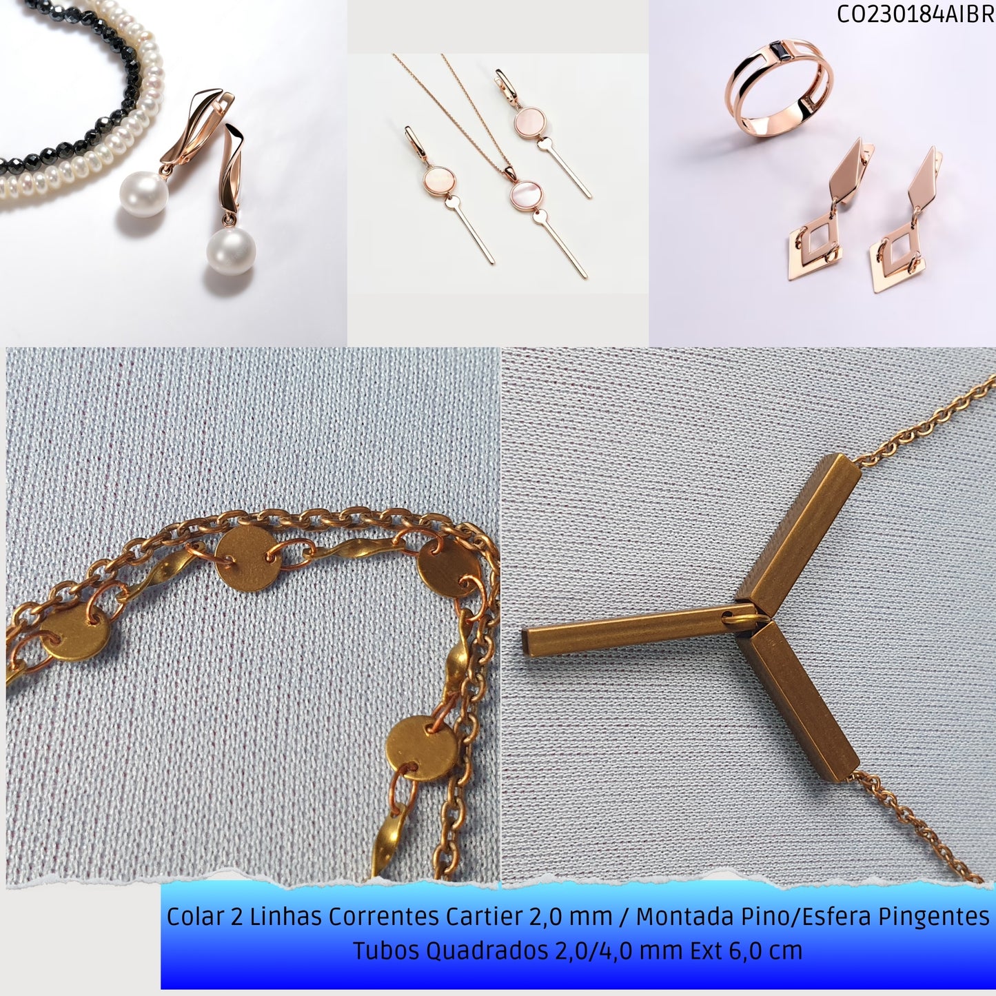 Colar 2 Linhas Correntes Cartier 2.0 mm / Montada Pino/Esfera Pingentes Tubos Quadrados 2.0/4.0 mm Ext 6.0 cm   - Código.: CO230184AIBR  - Peso.: 7.7 gr