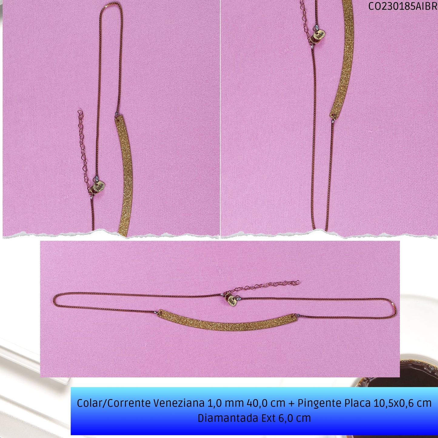 Colar/Corrente Veneziana 1.0 mm 40.0 cm + Pingente Placa 10.5x0.6 cm Diamantada Ext 6.0 cm   - Código.: CO230185AIBR  - Peso.: 6.1 gr