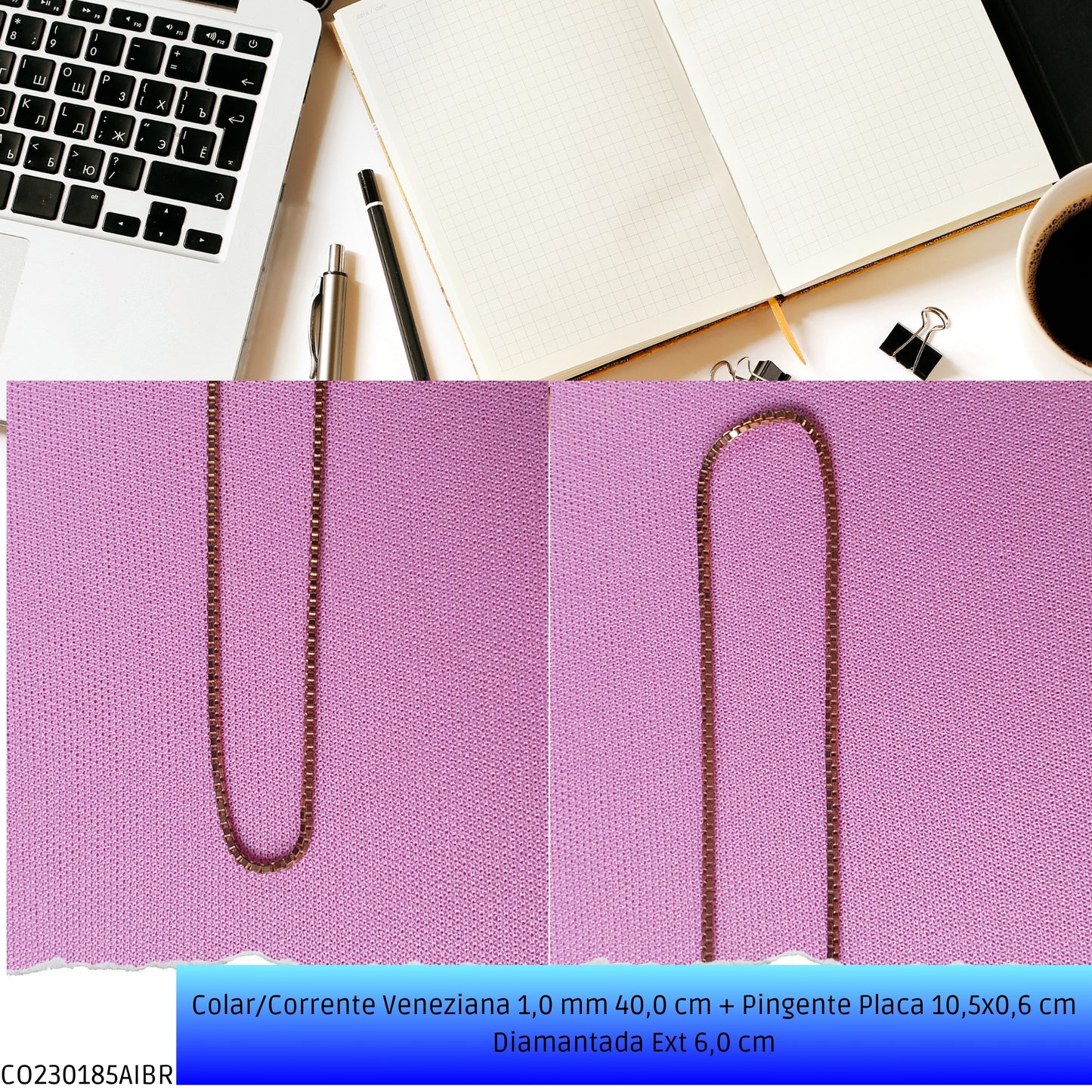 Colar/Corrente Veneziana 1.0 mm 40.0 cm + Pingente Placa 10.5x0.6 cm Diamantada Ext 6.0 cm   - Código.: CO230185AIBR  - Peso.: 6.1 gr