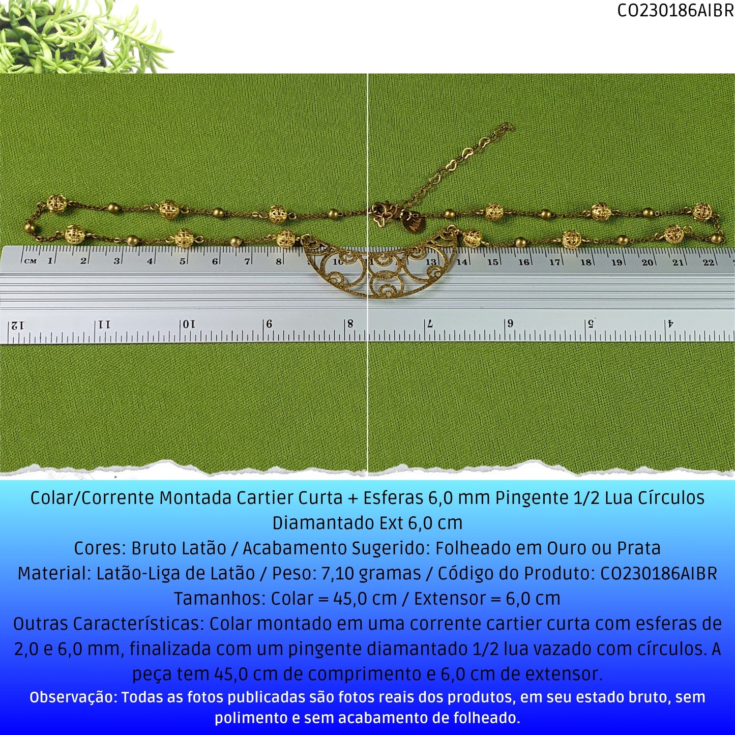Colar/Corrente Montada Cartier Curta + Esferas 6.0 mm Pingente 1/2 Lua Círculos Diamantado Ext 6.0 cm   - Código.: CO230186AIBR  - Peso.: 7.1 gr
