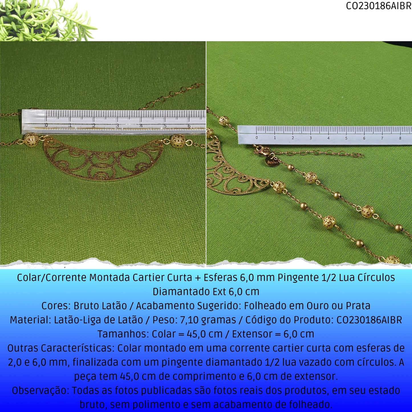 Colar/Corrente Montada Cartier Curta + Esferas 6.0 mm Pingente 1/2 Lua Círculos Diamantado Ext 6.0 cm   - Código.: CO230186AIBR  - Peso.: 7.1 gr