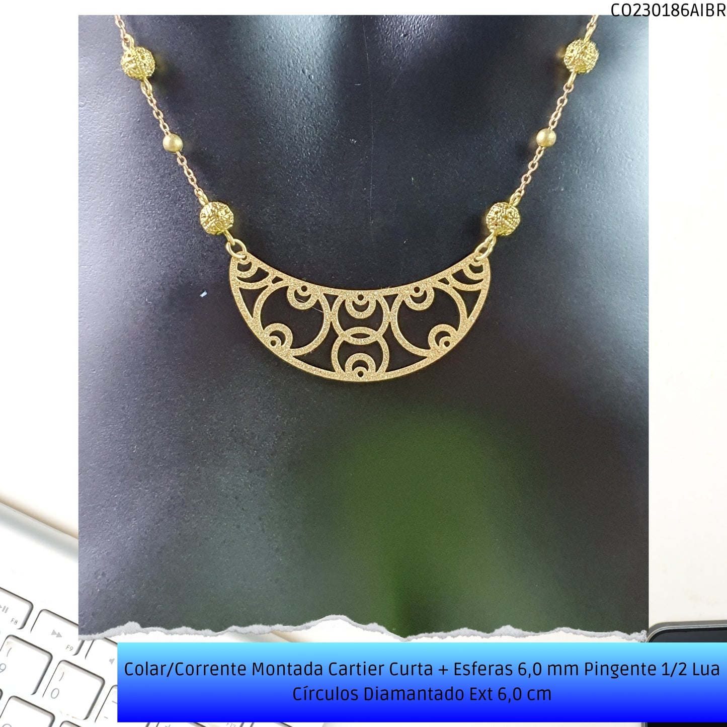 Colar/Corrente Montada Cartier Curta + Esferas 6.0 mm Pingente 1/2 Lua Círculos Diamantado Ext 6.0 cm   - Código.: CO230186AIBR  - Peso.: 7.1 gr