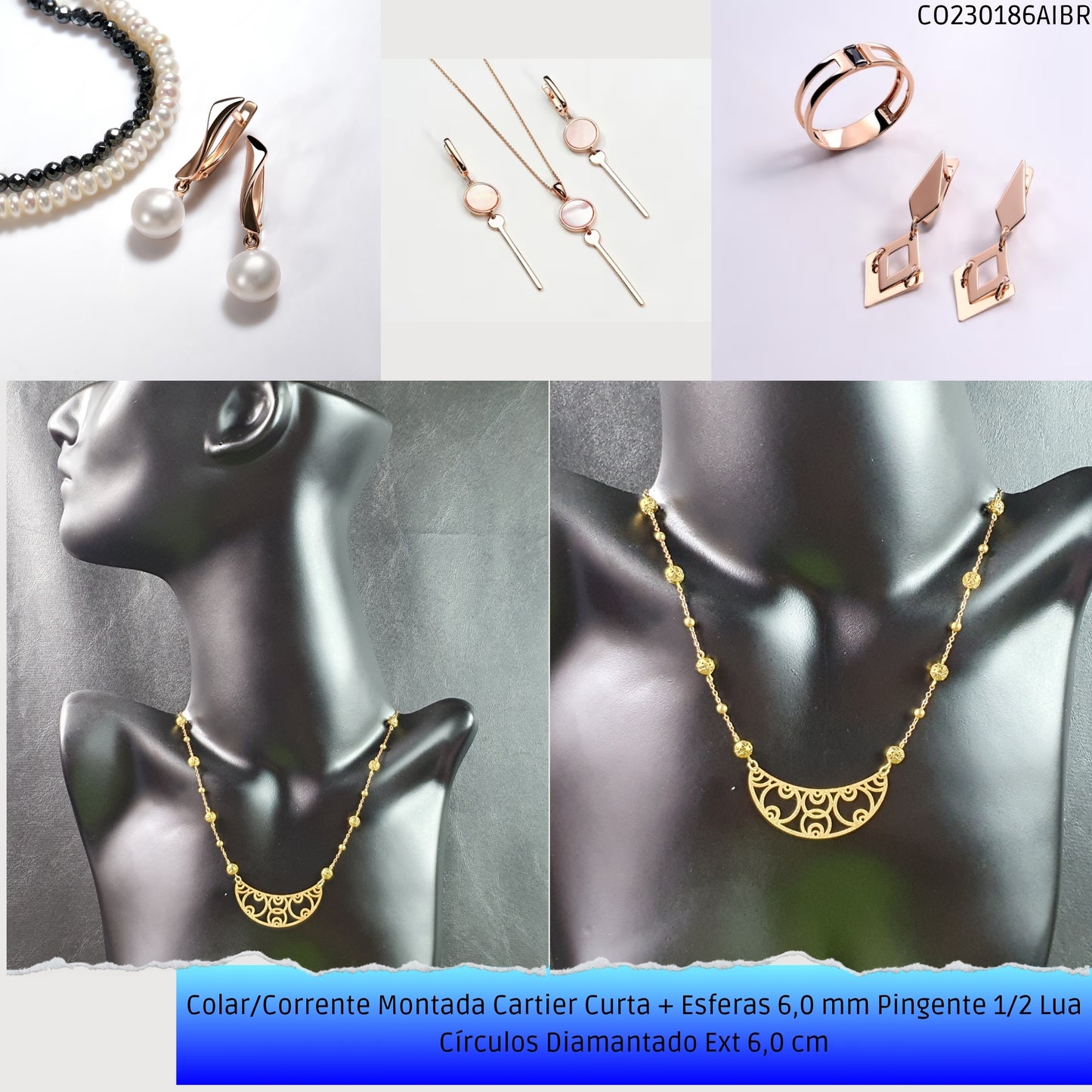 Colar/Corrente Montada Cartier Curta + Esferas 6.0 mm Pingente 1/2 Lua Círculos Diamantado Ext 6.0 cm   - Código.: CO230186AIBR  - Peso.: 7.1 gr