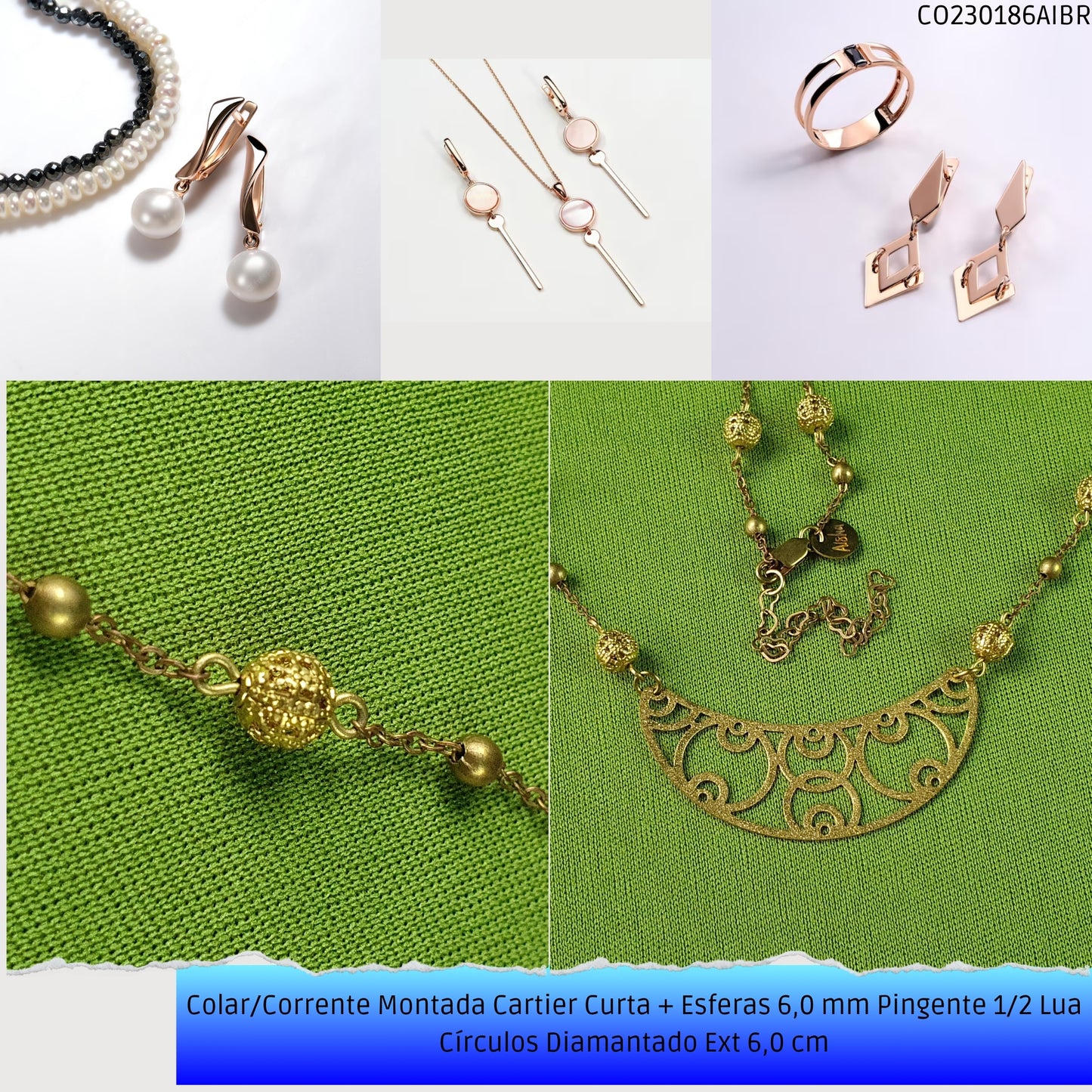 Colar/Corrente Montada Cartier Curta + Esferas 6.0 mm Pingente 1/2 Lua Círculos Diamantado Ext 6.0 cm   - Código.: CO230186AIBR  - Peso.: 7.1 gr