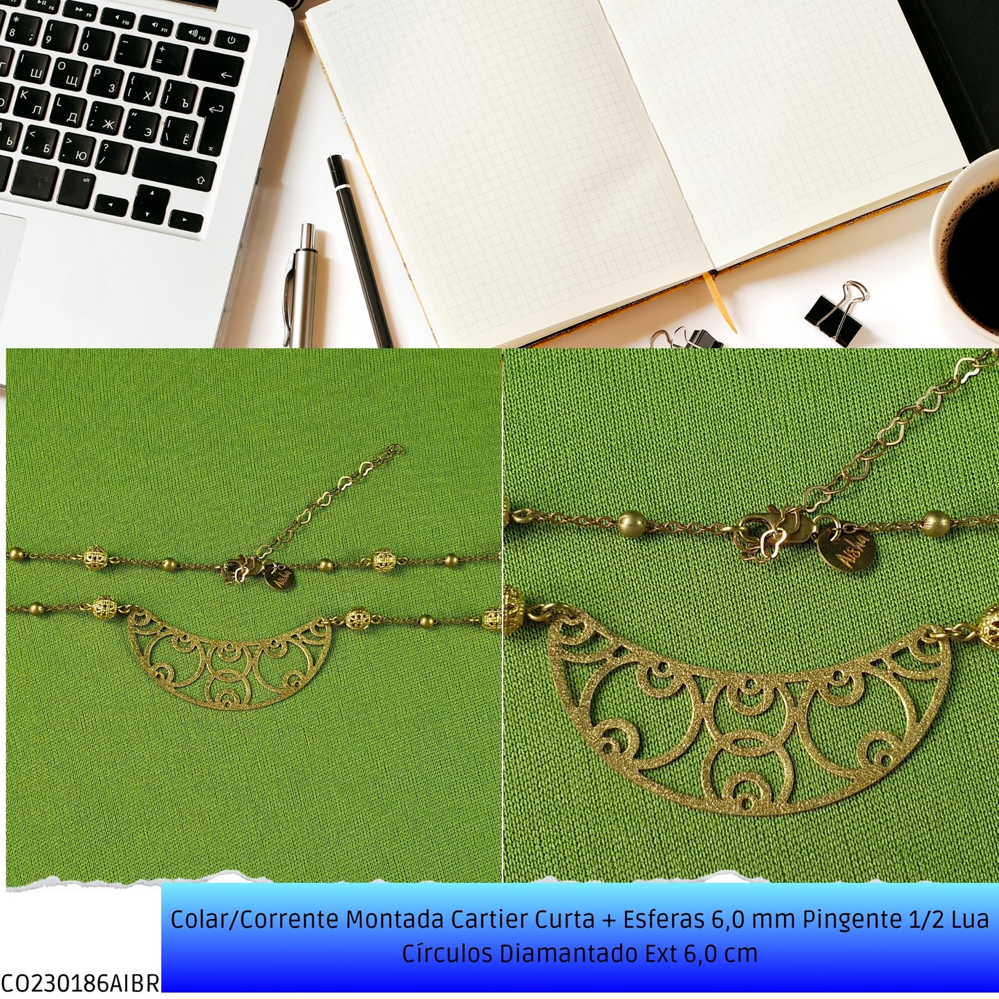 Colar/Corrente Montada Cartier Curta + Esferas 6.0 mm Pingente 1/2 Lua Círculos Diamantado Ext 6.0 cm   - Código.: CO230186AIBR  - Peso.: 7.1 gr