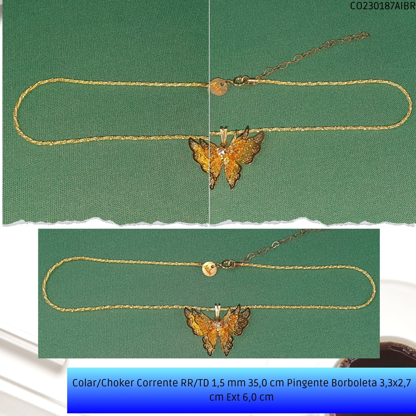 Colar/Choker Corrente RR/TD 1.5 mm 35.0 cm Pingente Borboleta 3.3x2.7 cm Ext 6.0 cm   - Código.: CO230187AIBR  - Peso.: 5.1 gr