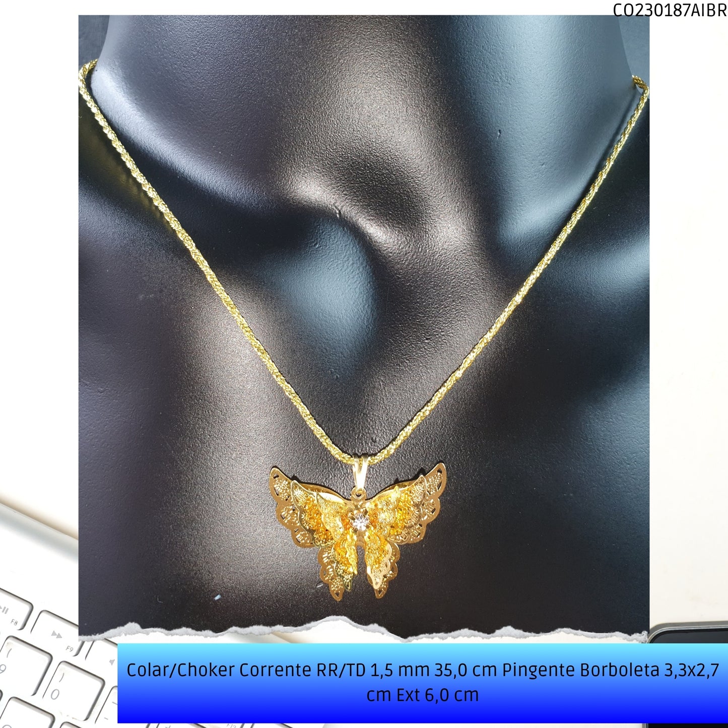 Colar/Choker Corrente RR/TD 1.5 mm 35.0 cm Pingente Borboleta 3.3x2.7 cm Ext 6.0 cm   - Código.: CO230187AIBR  - Peso.: 5.1 gr