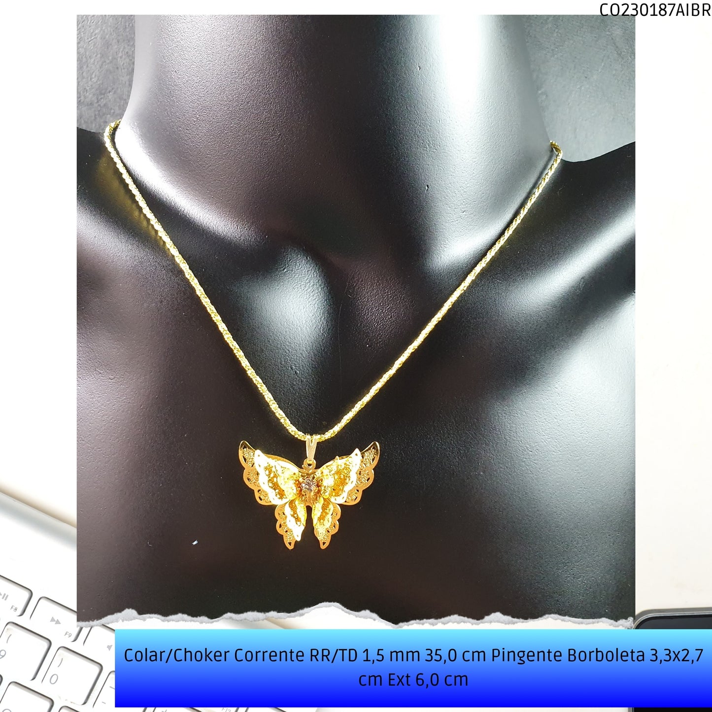 Colar/Choker Corrente RR/TD 1.5 mm 35.0 cm Pingente Borboleta 3.3x2.7 cm Ext 6.0 cm   - Código.: CO230187AIBR  - Peso.: 5.1 gr
