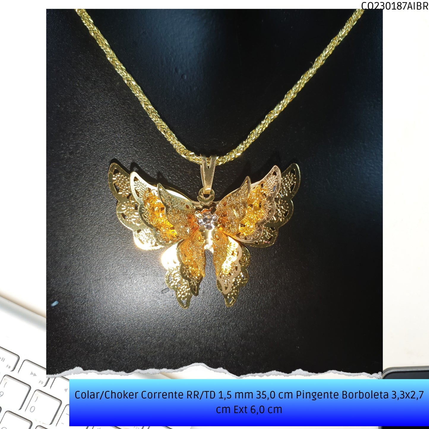 Colar/Choker Corrente RR/TD 1.5 mm 35.0 cm Pingente Borboleta 3.3x2.7 cm Ext 6.0 cm   - Código.: CO230187AIBR  - Peso.: 5.1 gr