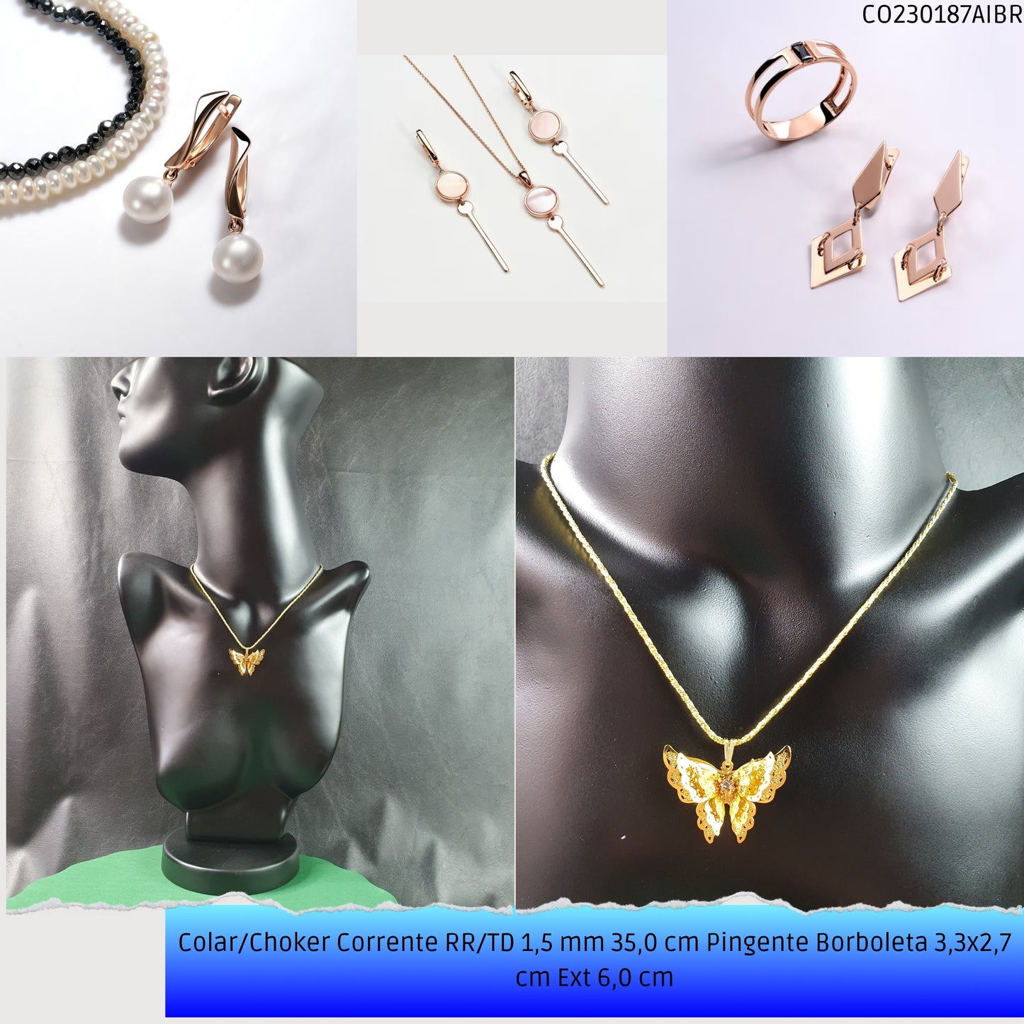Colar/Choker Corrente RR/TD 1.5 mm 35.0 cm Pingente Borboleta 3.3x2.7 cm Ext 6.0 cm   - Código.: CO230187AIBR  - Peso.: 5.1 gr
