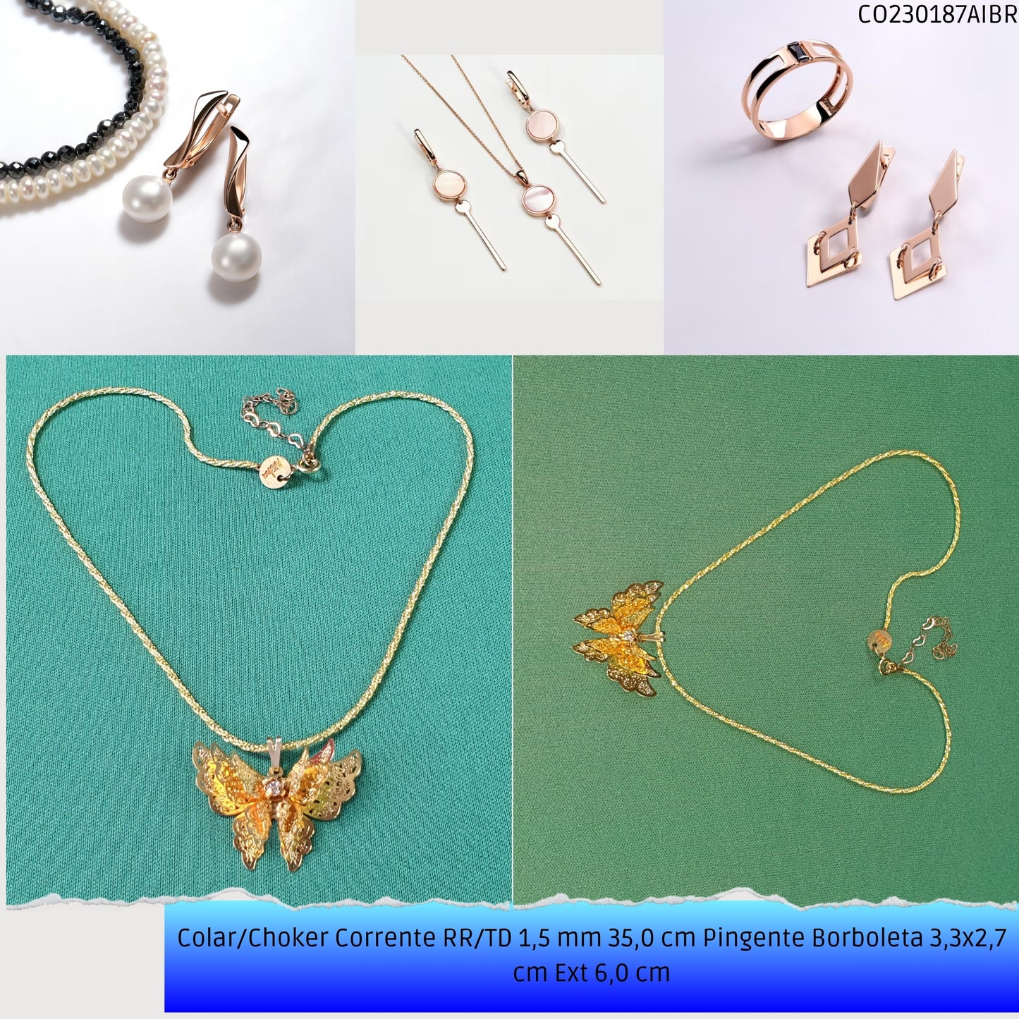 Colar/Choker Corrente RR/TD 1.5 mm 35.0 cm Pingente Borboleta 3.3x2.7 cm Ext 6.0 cm   - Código.: CO230187AIBR  - Peso.: 5.1 gr