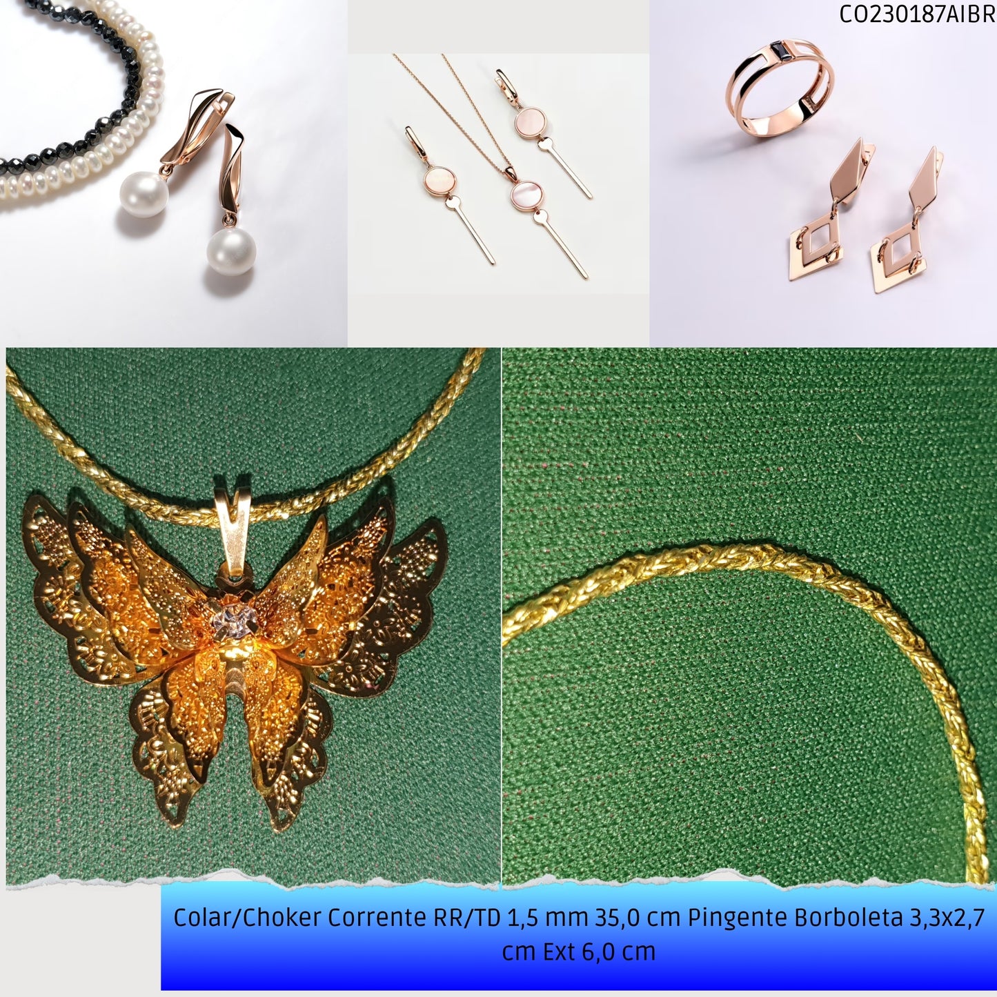 Colar/Choker Corrente RR/TD 1.5 mm 35.0 cm Pingente Borboleta 3.3x2.7 cm Ext 6.0 cm   - Código.: CO230187AIBR  - Peso.: 5.1 gr