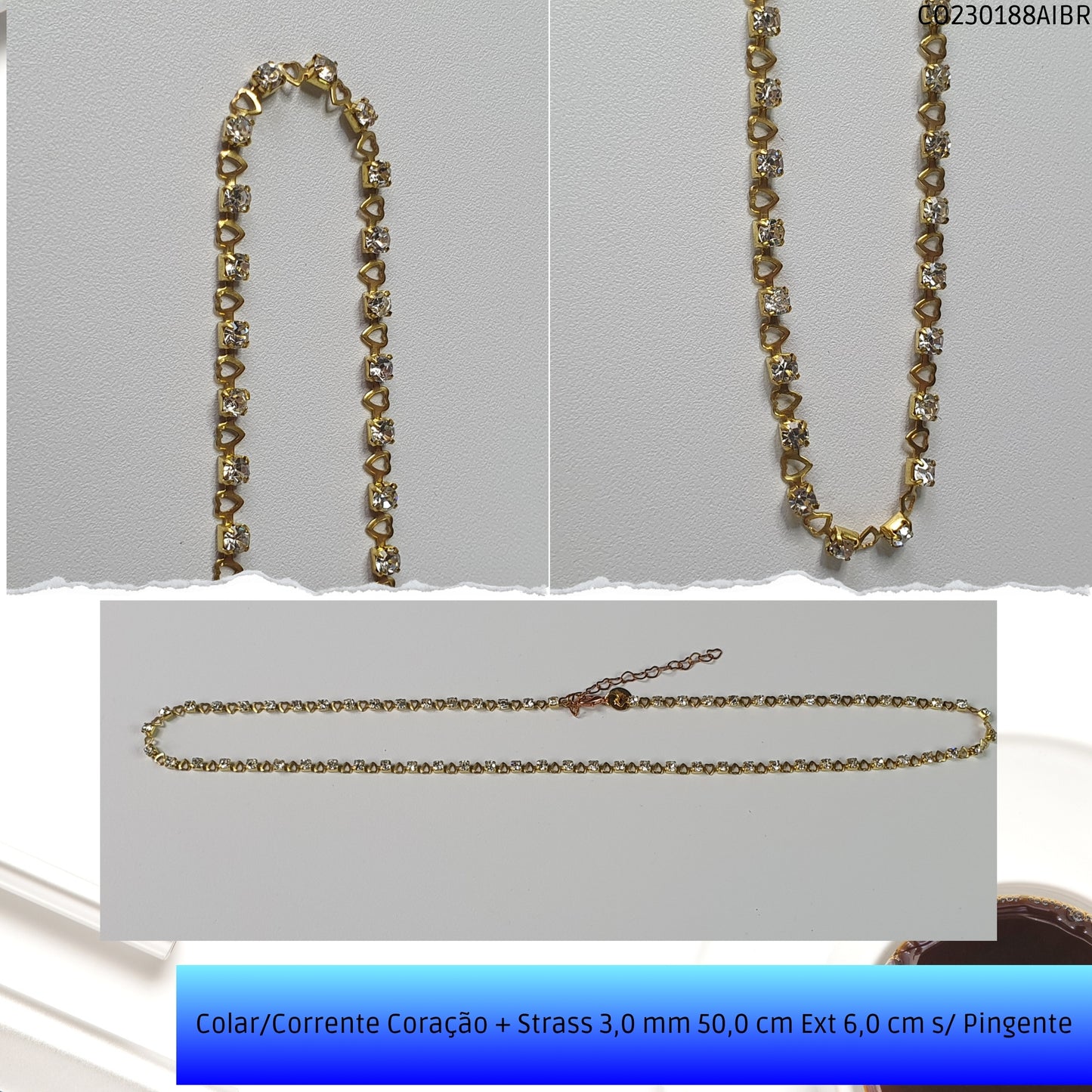 Colar/Corrente Coração + Strass 3.0 mm 50.0 cm Ext 6.0 cm s/ Pingente  - Código.: CO230188AIBR  - Peso.: 7.0 gr