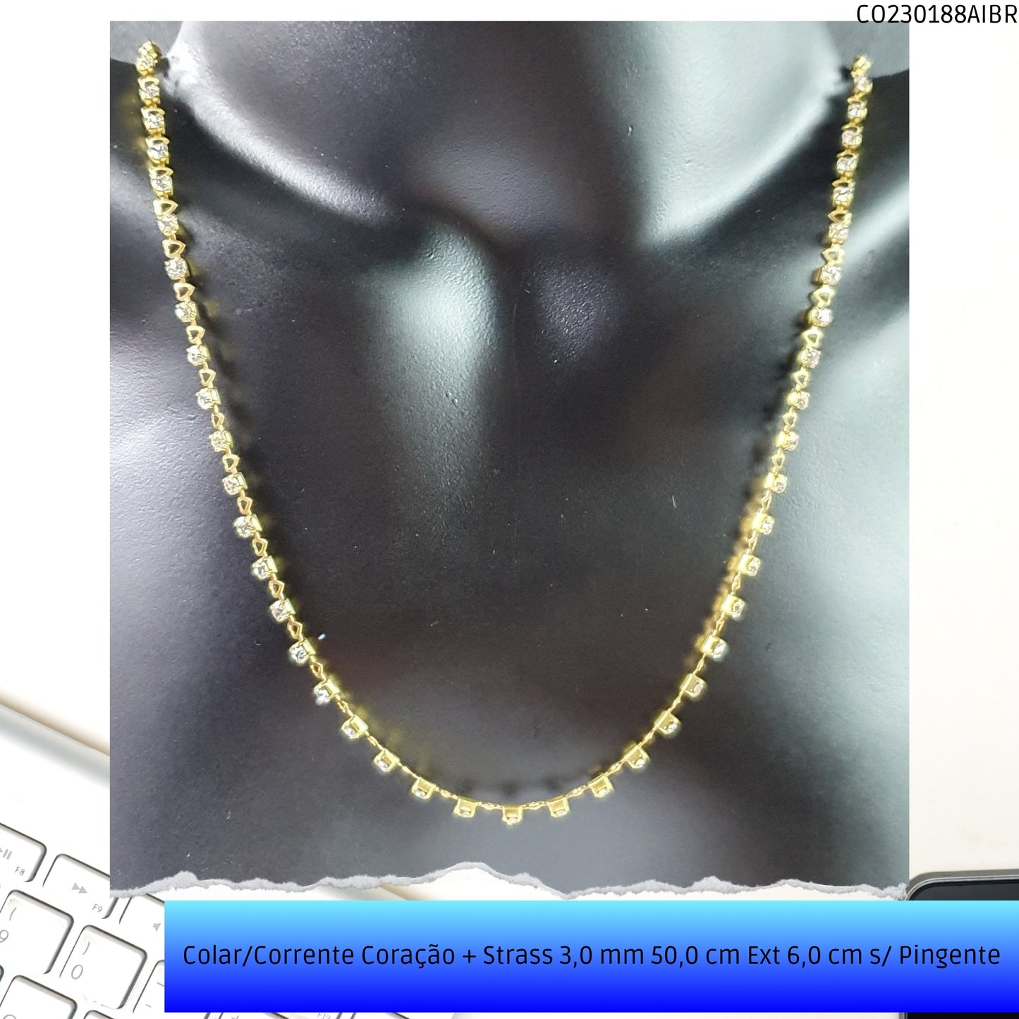 Colar/Corrente Coração + Strass 3.0 mm 50.0 cm Ext 6.0 cm s/ Pingente  - Código.: CO230188AIBR  - Peso.: 7.0 gr