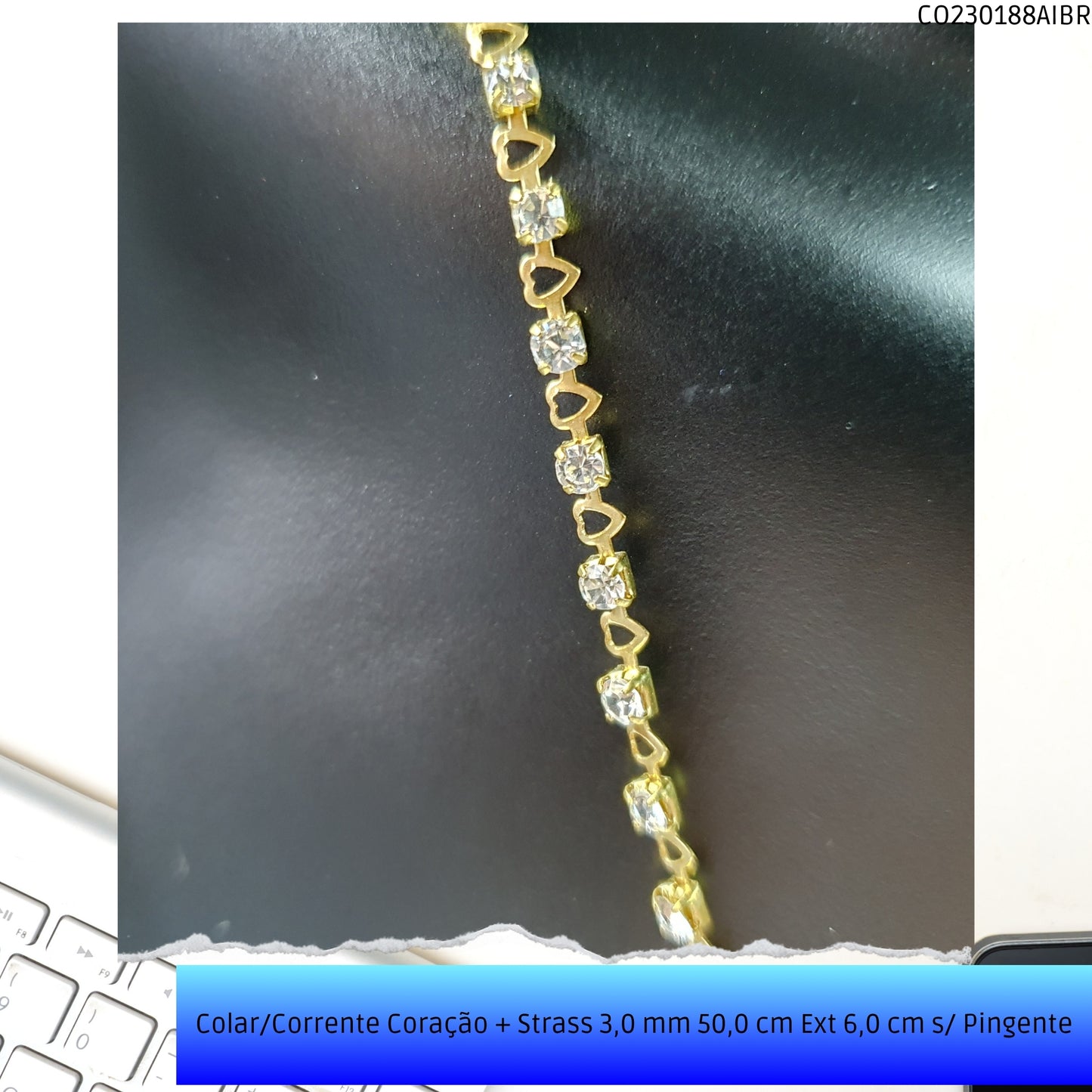 Colar/Corrente Coração + Strass 3.0 mm 50.0 cm Ext 6.0 cm s/ Pingente  - Código.: CO230188AIBR  - Peso.: 7.0 gr