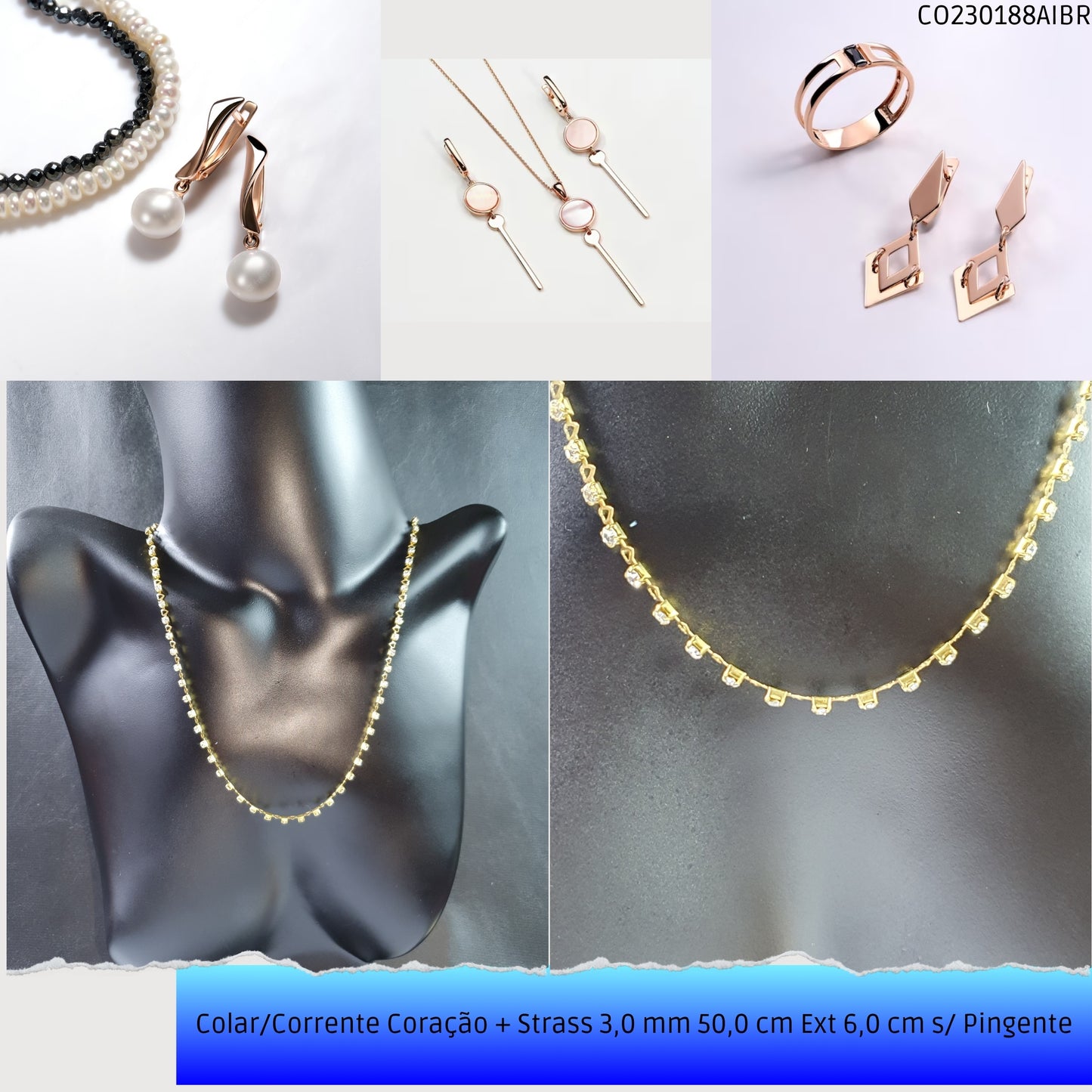Colar/Corrente Coração + Strass 3.0 mm 50.0 cm Ext 6.0 cm s/ Pingente  - Código.: CO230188AIBR  - Peso.: 7.0 gr
