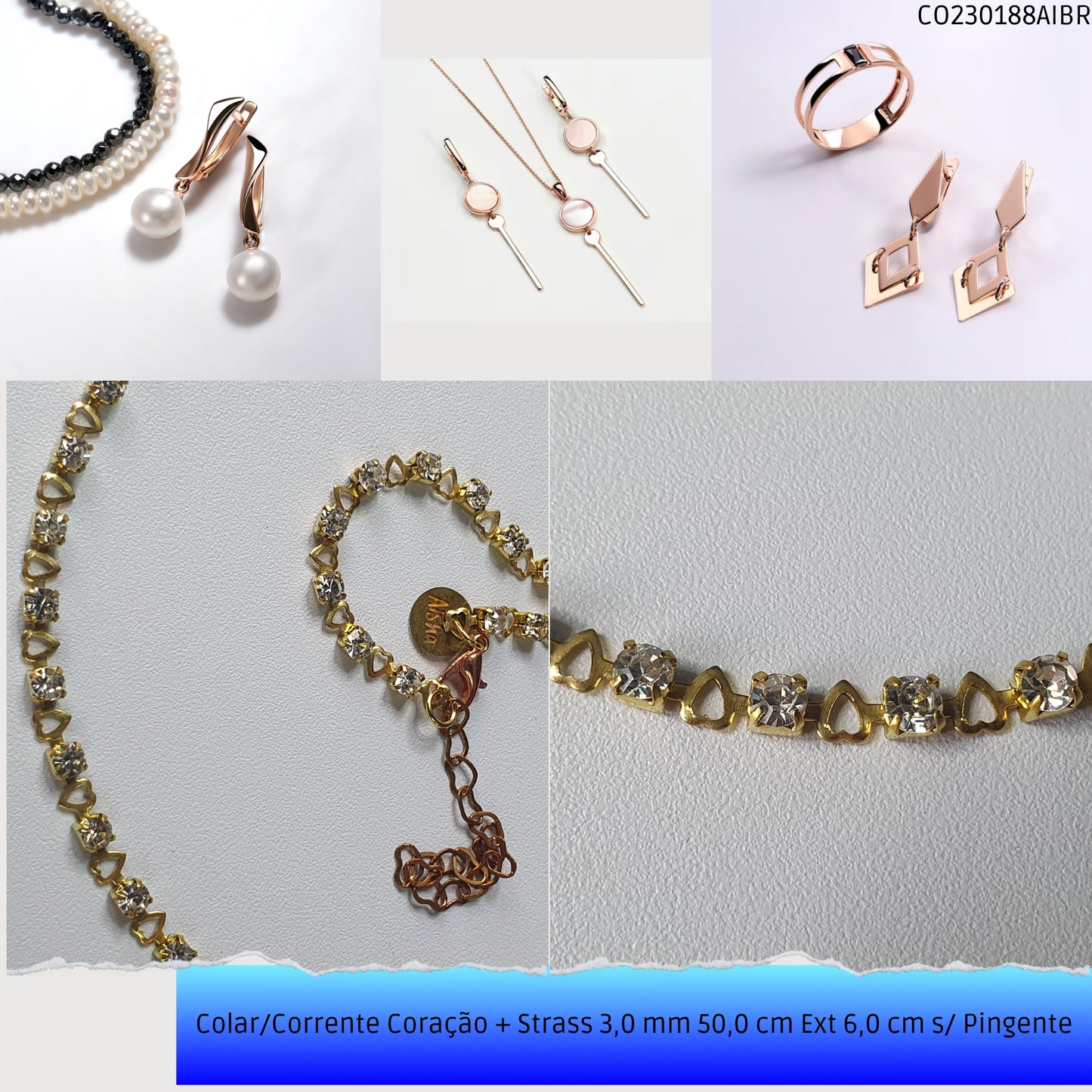 Colar/Corrente Coração + Strass 3.0 mm 50.0 cm Ext 6.0 cm s/ Pingente  - Código.: CO230188AIBR  - Peso.: 7.0 gr