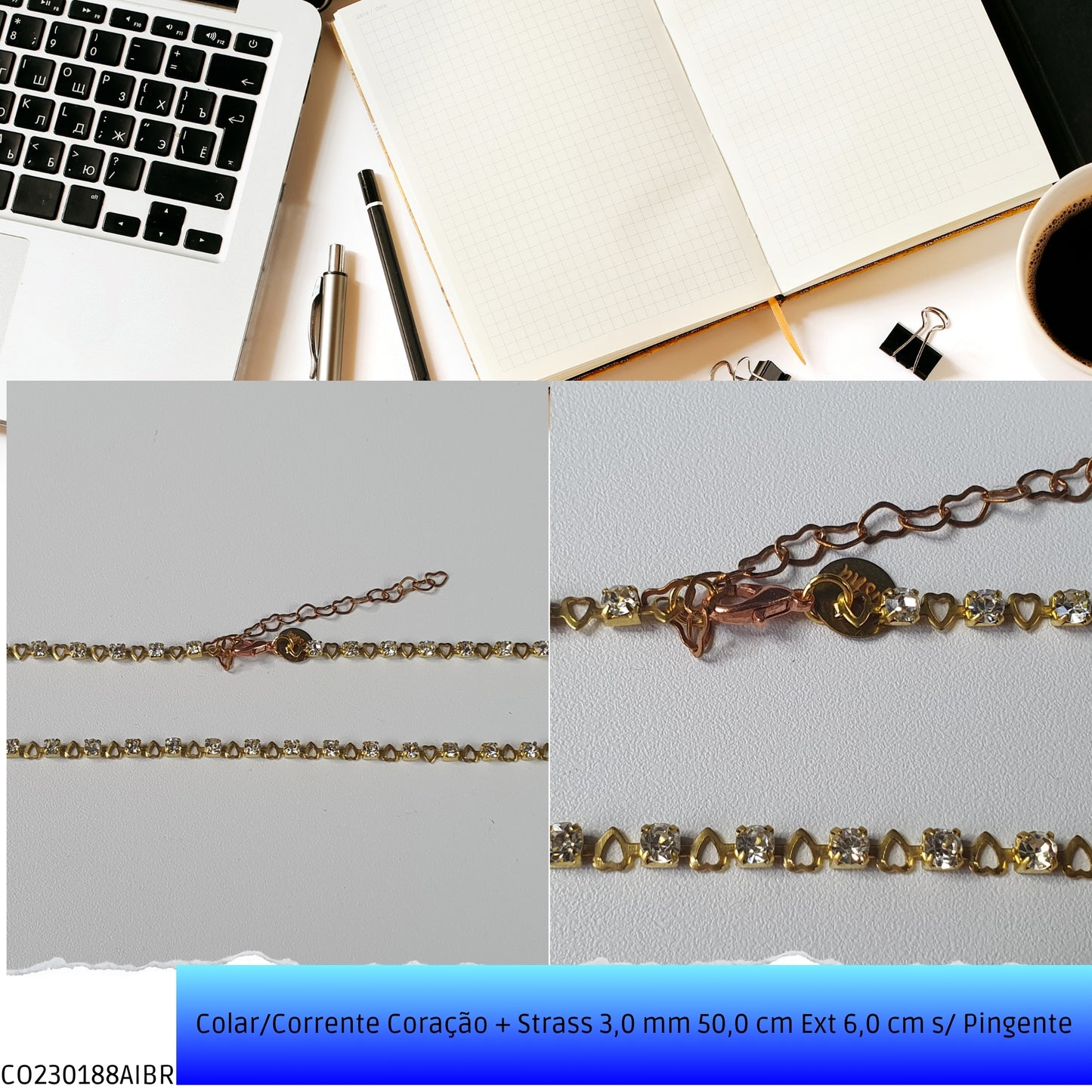 Colar/Corrente Coração + Strass 3.0 mm 50.0 cm Ext 6.0 cm s/ Pingente  - Código.: CO230188AIBR  - Peso.: 7.0 gr