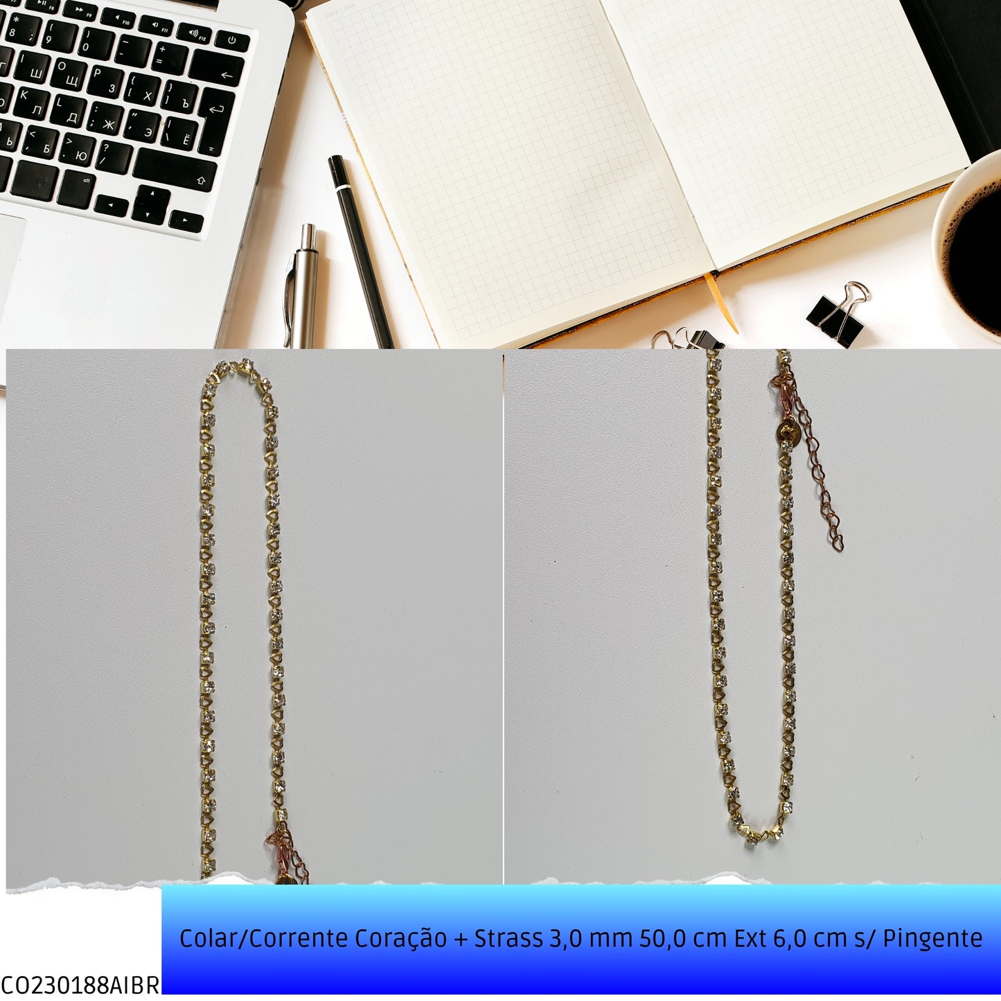Colar/Corrente Coração + Strass 3.0 mm 50.0 cm Ext 6.0 cm s/ Pingente  - Código.: CO230188AIBR  - Peso.: 7.0 gr