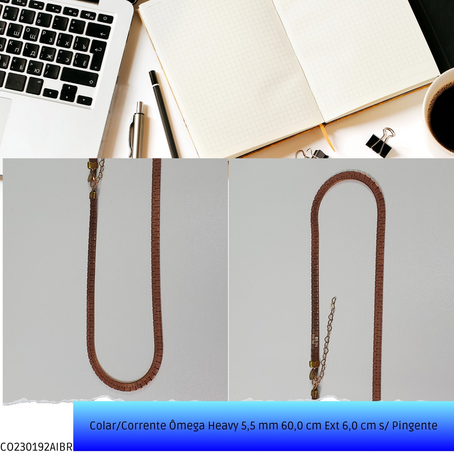 Colar/Corrente Ômega Heavy 5.5 mm 60.0 cm Ext 6.0 cm s/ Pingente  - Código.: CO230192AIBR  - Peso.: 38.7 gr