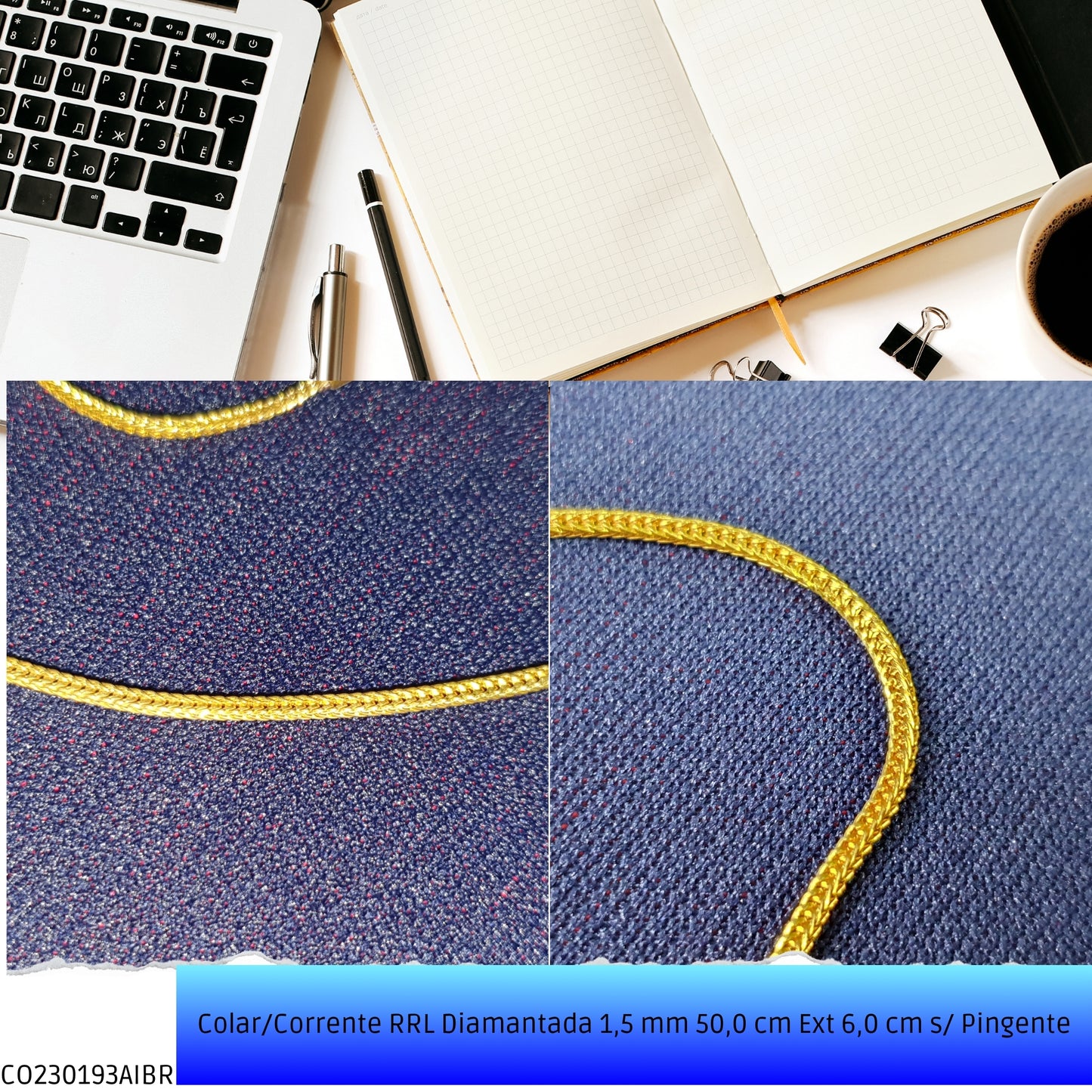 Colar/Corrente RRL Diamantada 1.5 mm 50.0 cm Ext 6.0 cm s/ Pingente  - Código.: CO230193AIBR  - Peso.: 3.5 gr